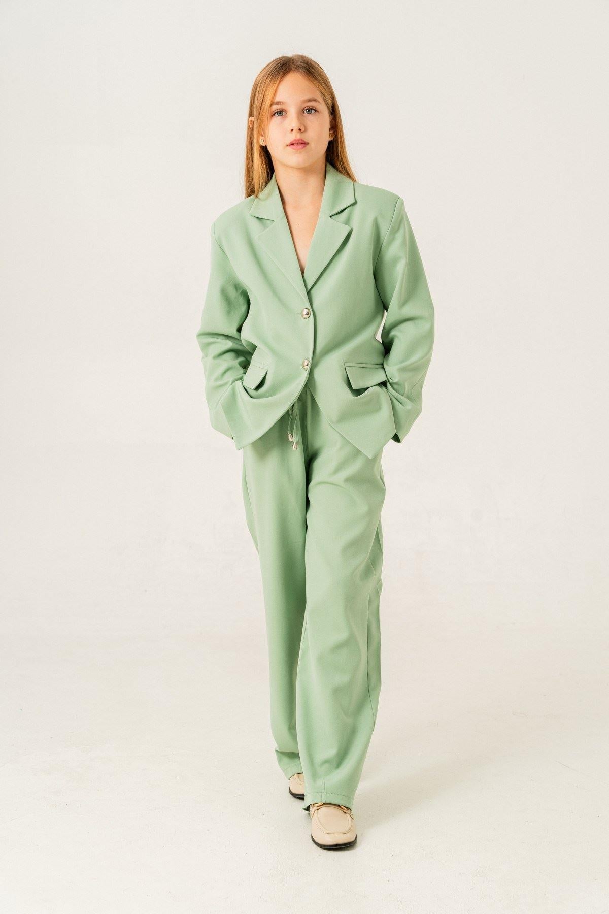 4-15 Yaş Blazer Ceketli Kız Çocuk Takım Yeşil