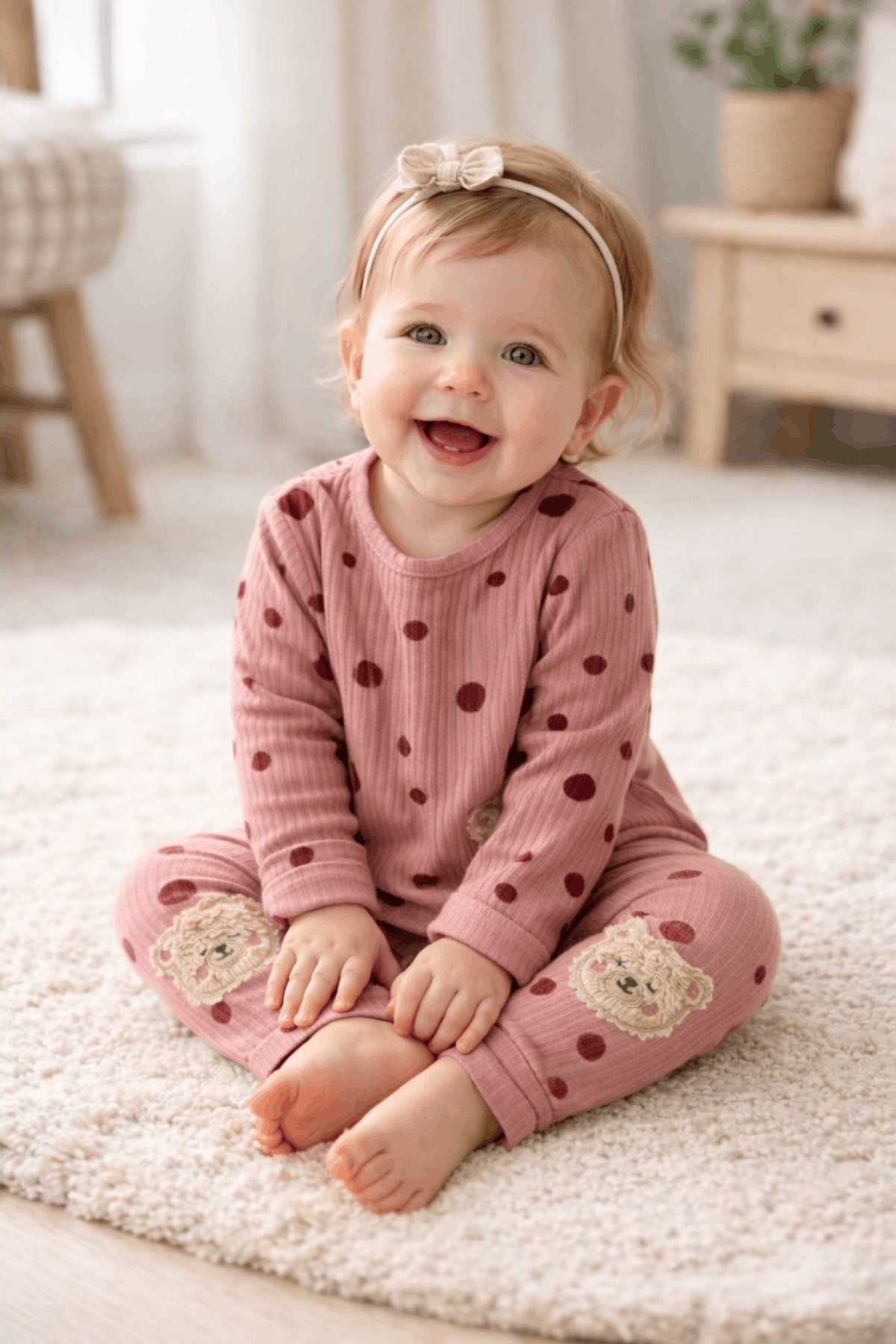 6-18 Ay Fitilli Puanlı Kız Bebek Takım Gül Kurusu