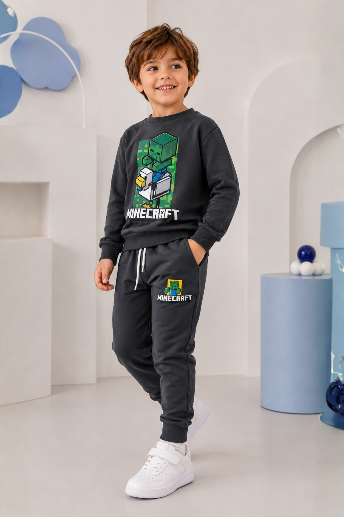 3-10 Mncraft Erkek Çocuk Eşofman Takımı Füme