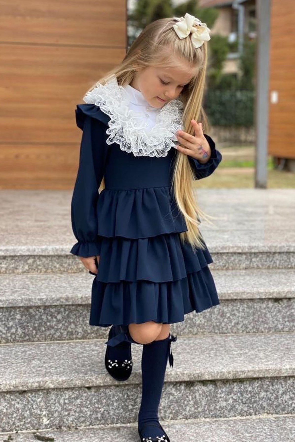 Tak Çıkar Güpür Yaka Detay Kat Kat Kız Çocuk Elbise Lacivert |  Turuncugardrop.com