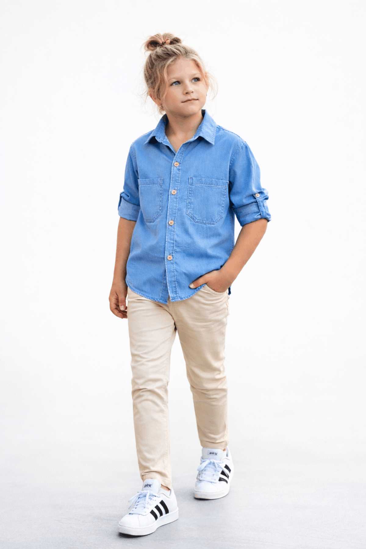 3-12 Yaş Tensel Gömlekli Gabardin Pantolonlu Çocuk Takım Mavi