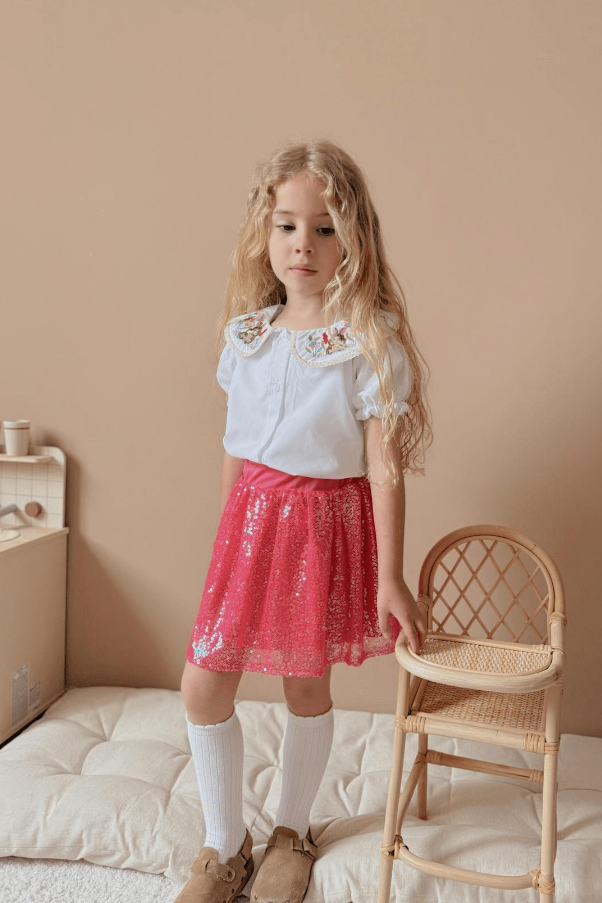 3-10 Yaş Payet Etekli Gömlekli Kız Çocuk Takım Fuşya