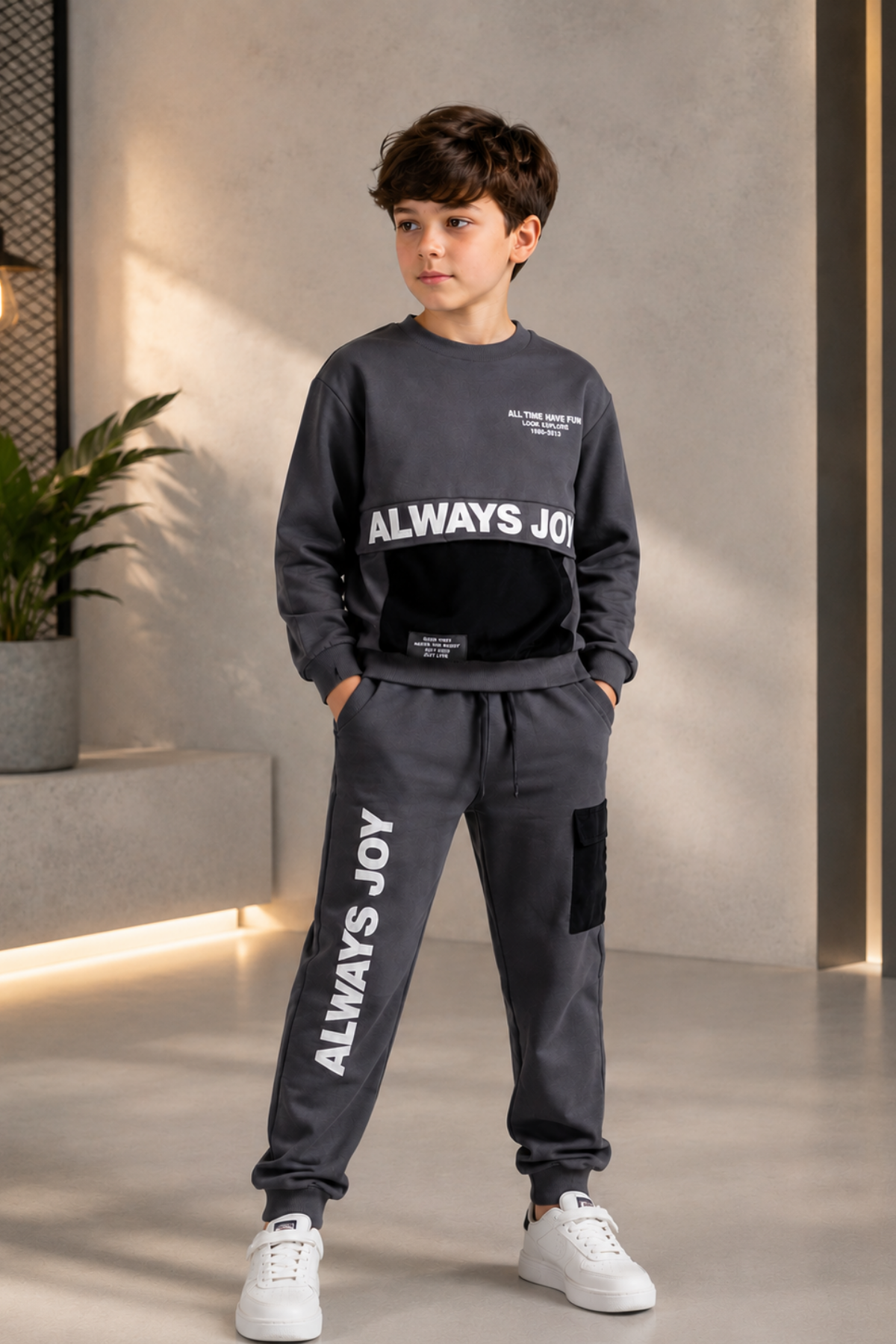 7-10 Yaş Always Joy Kanguru Cepli Erkek Çocuk Eşofman Takımı Füme