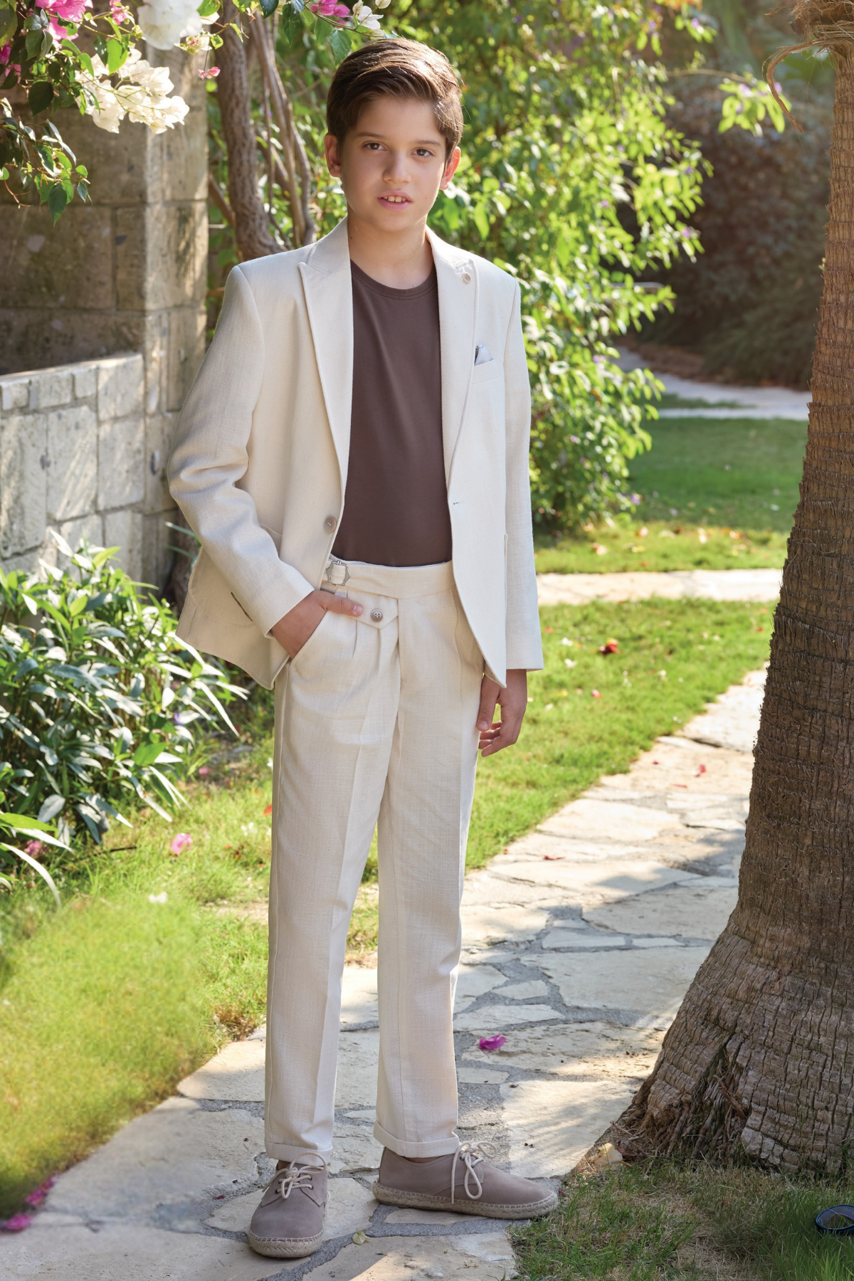 3-14 Yaş Crown Çift Tişörtlü Keten Çocuk Takım Elbise Krem