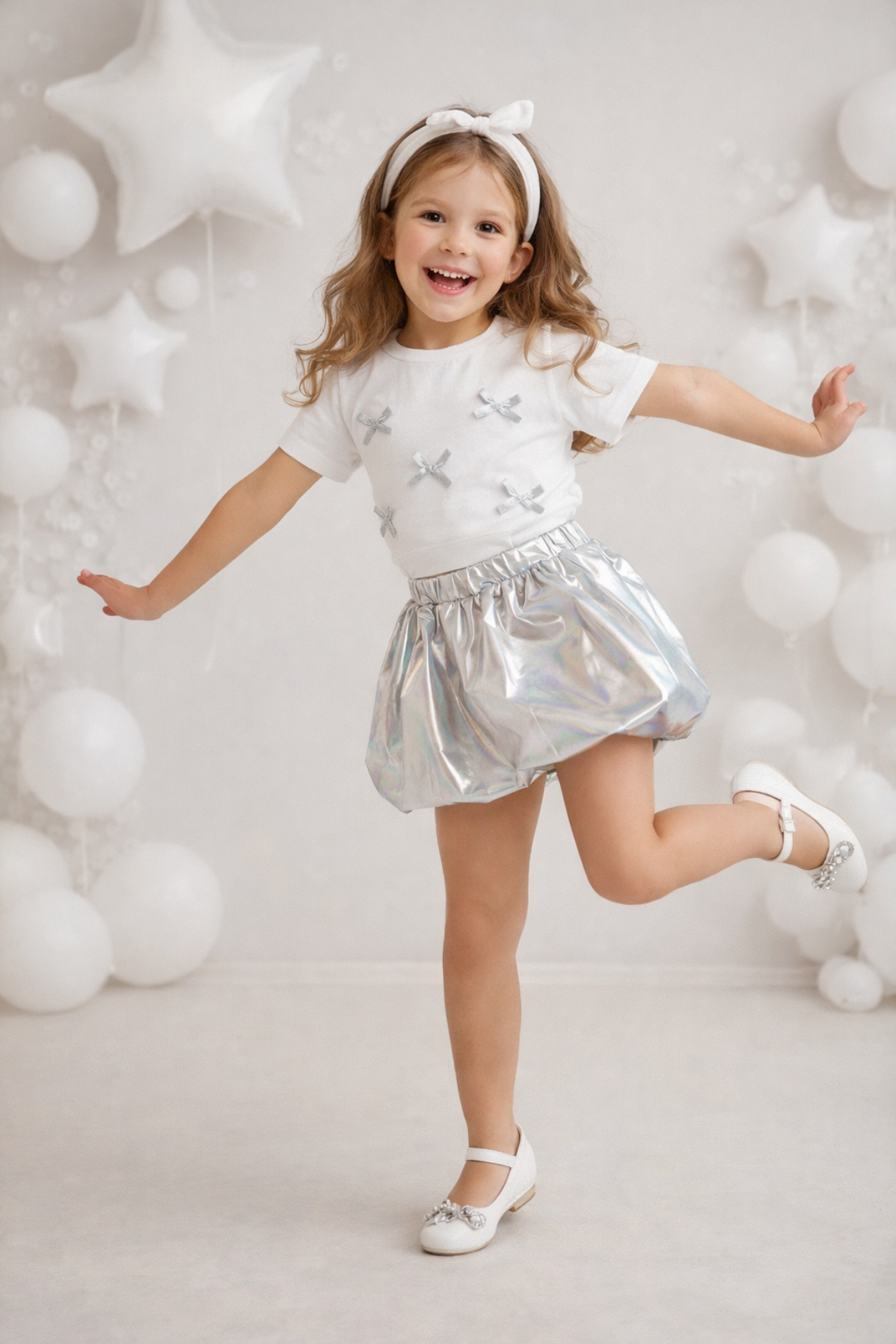 3-8 Yaş Fiyonklu Tişört Balon Etek Kız Çocuk Takım Gri