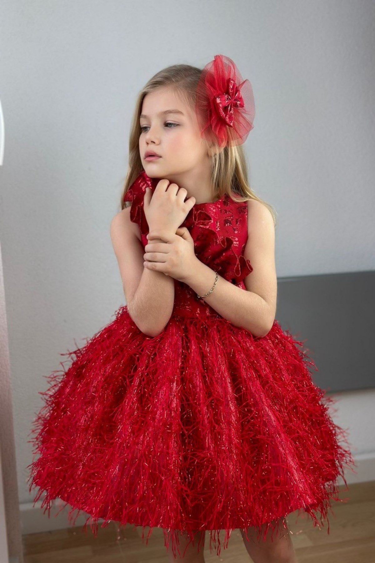 Be Toka Detay Kendinden Saçaklı Kız Çocuk Abiye Elbise Kırmızı |  Turuncugardrop.com