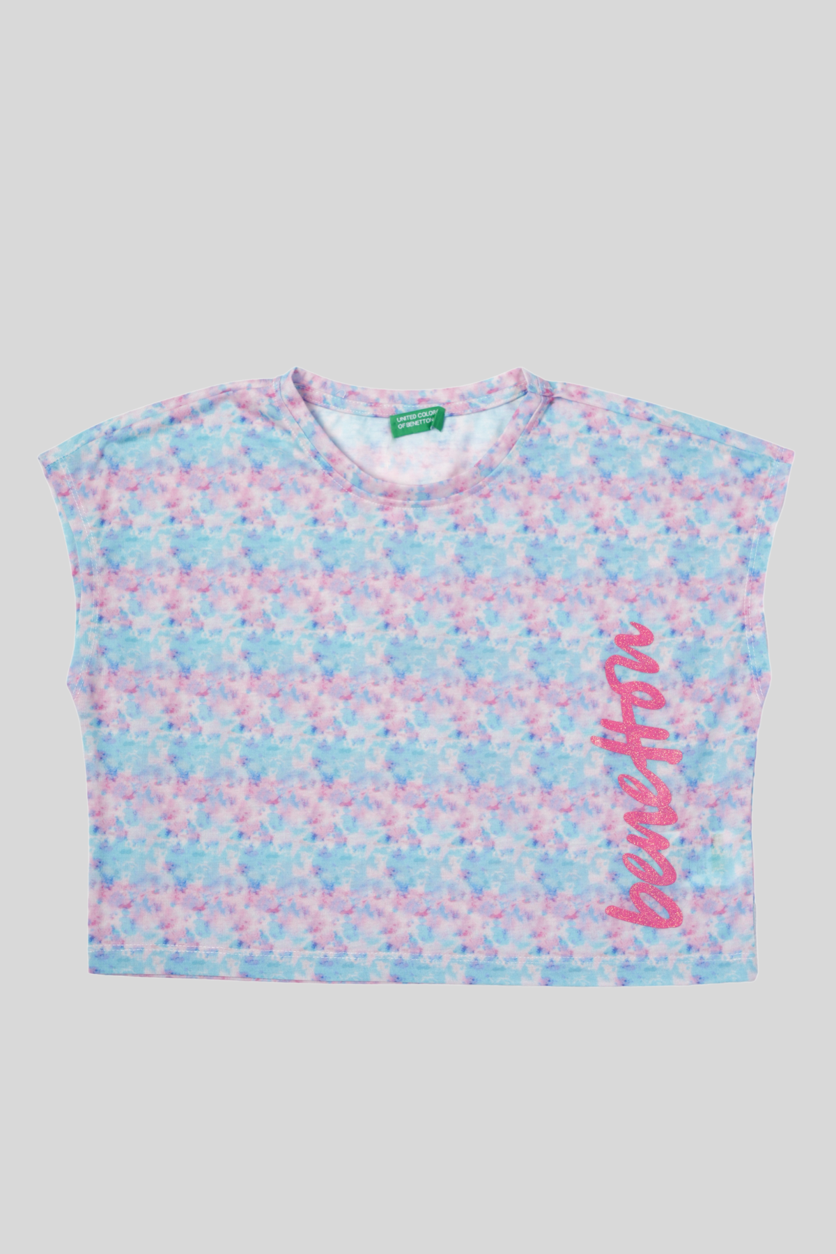 4-14 Yaş Benetton Batik Desen Kız Çocuk T-shirt Turkuaz