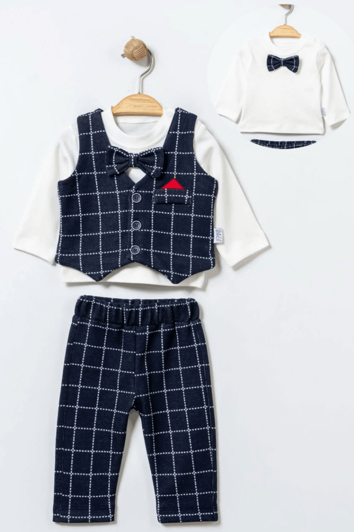 6-12 Ay Kareli Yelek Pantolon Badi Bebek Takım Lacivert