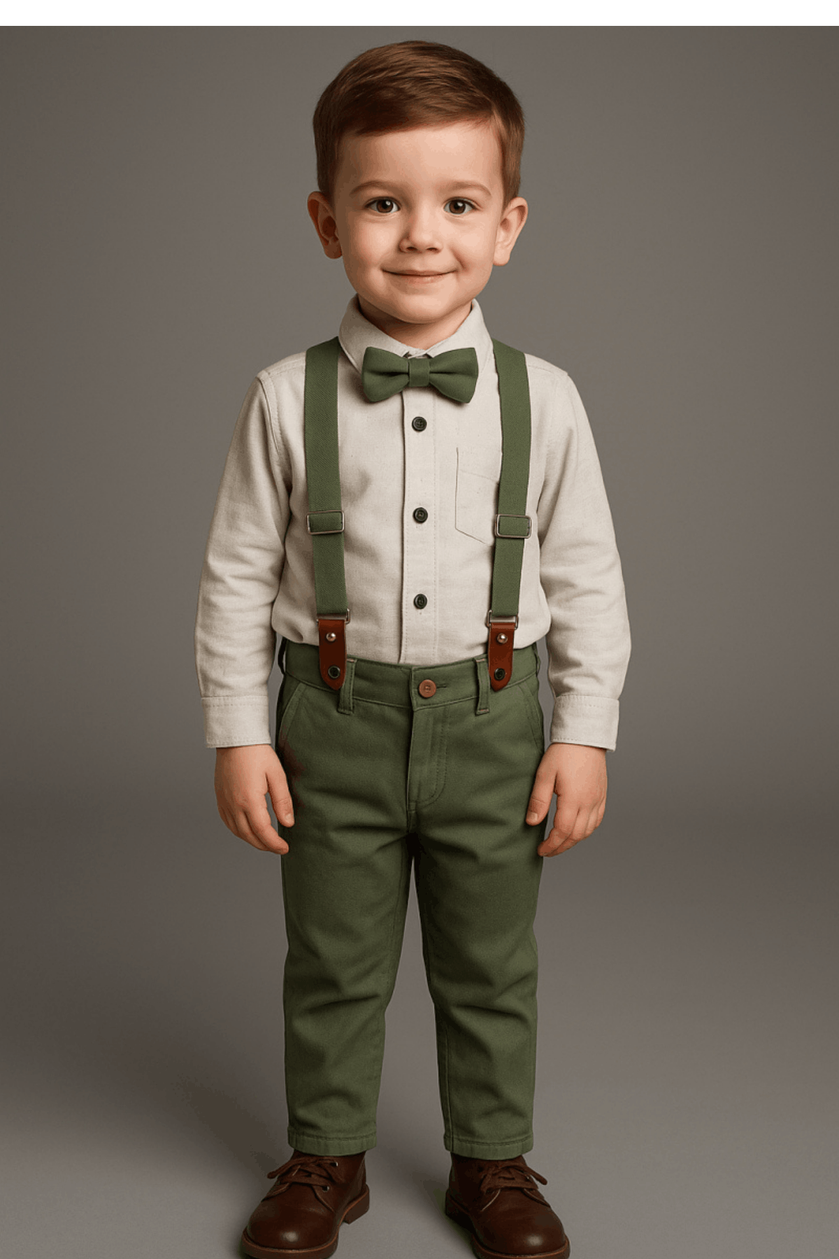 1-8 Yaş Gabardin Pantolonlu Askı Papyonlu Erkek Çocuk Takım Çağla Yeşili