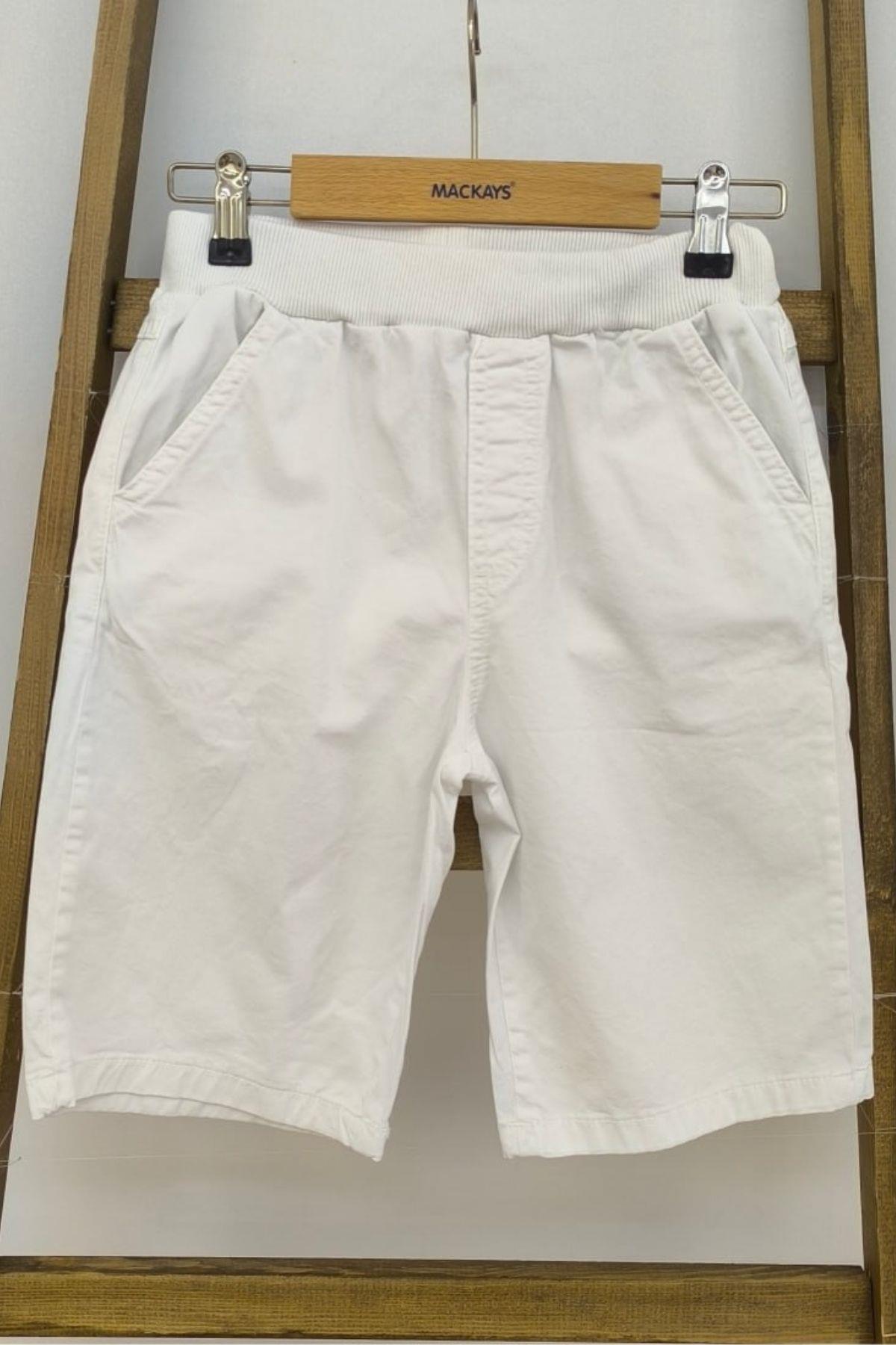 9-14 Yaş Cepli Beli Lastikli Erkek Çocuk Keten Şort Beyaz