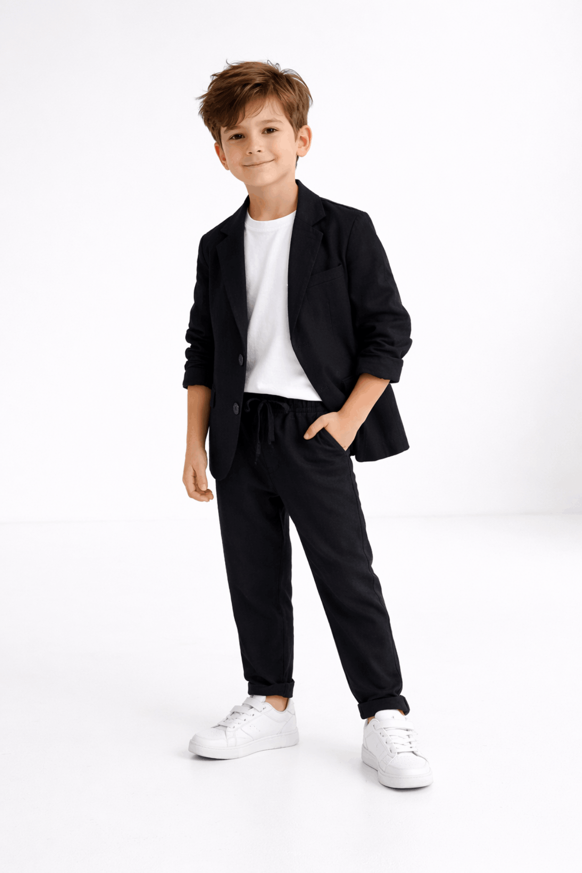 2-13 Yaş Premium Tişörtlü Başak Doku Keten Çocuk Takım Elbise Siyah