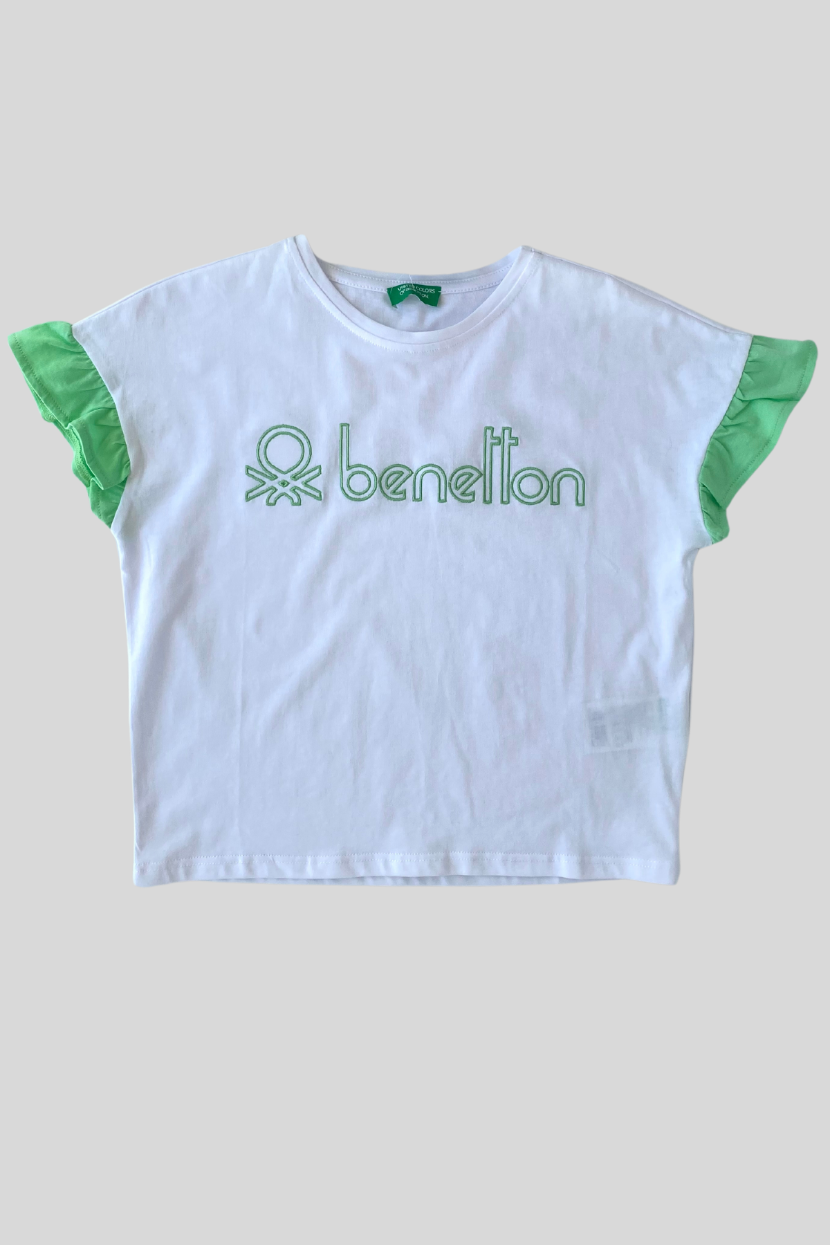 4-14 Yaş Benetton Kolları Fırfırlı Kız Çocuk T-shirt Beyaz