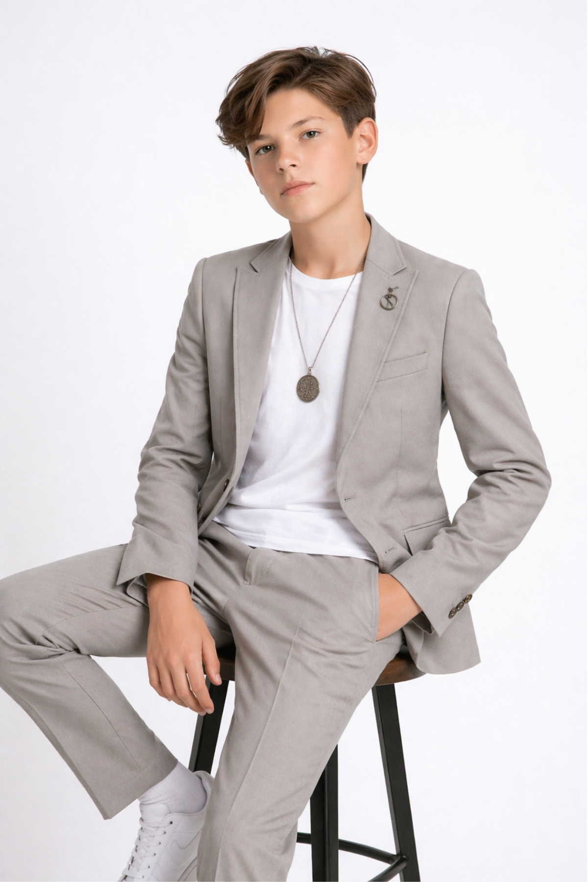 3-14 Yaş Oscar Tişörtlü Kolyeli Erkek Çocuk Takım Elbise Mezuniyet Gri