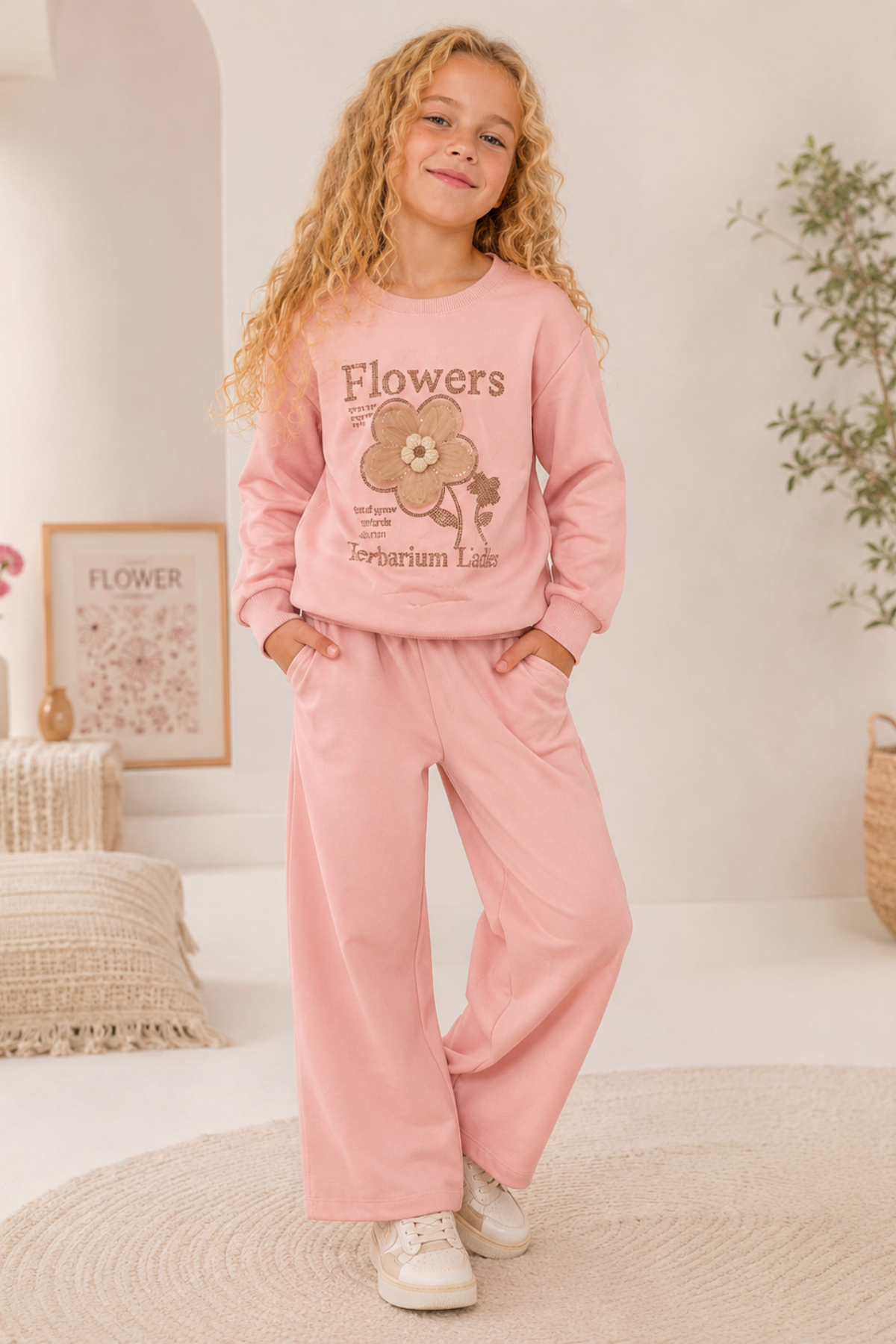 7-10 Yaş Flowers Baskılı Kız Çocuk Eşofman Takımı Pudra