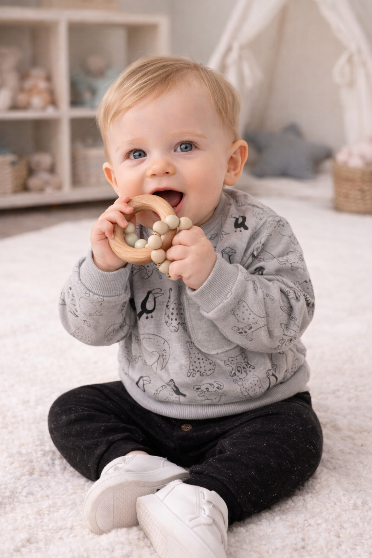 6-18 Ay Sevimli Hayvan Figür Erkek Bebek Takım Gri