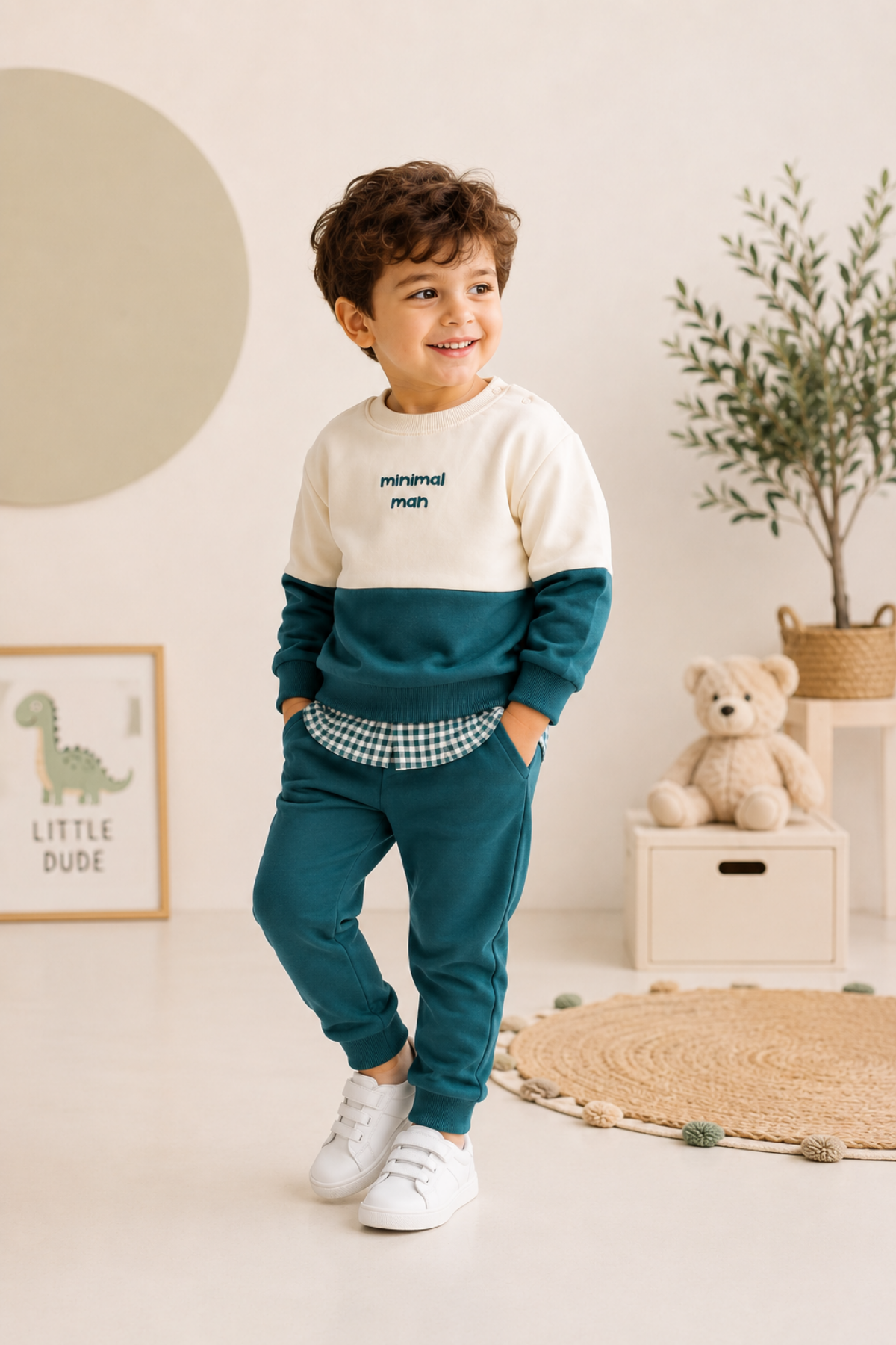 6 Ay - 6 Yaş Minimal Man Pötikare Detay Erkek Çocuk Takım Yeşil