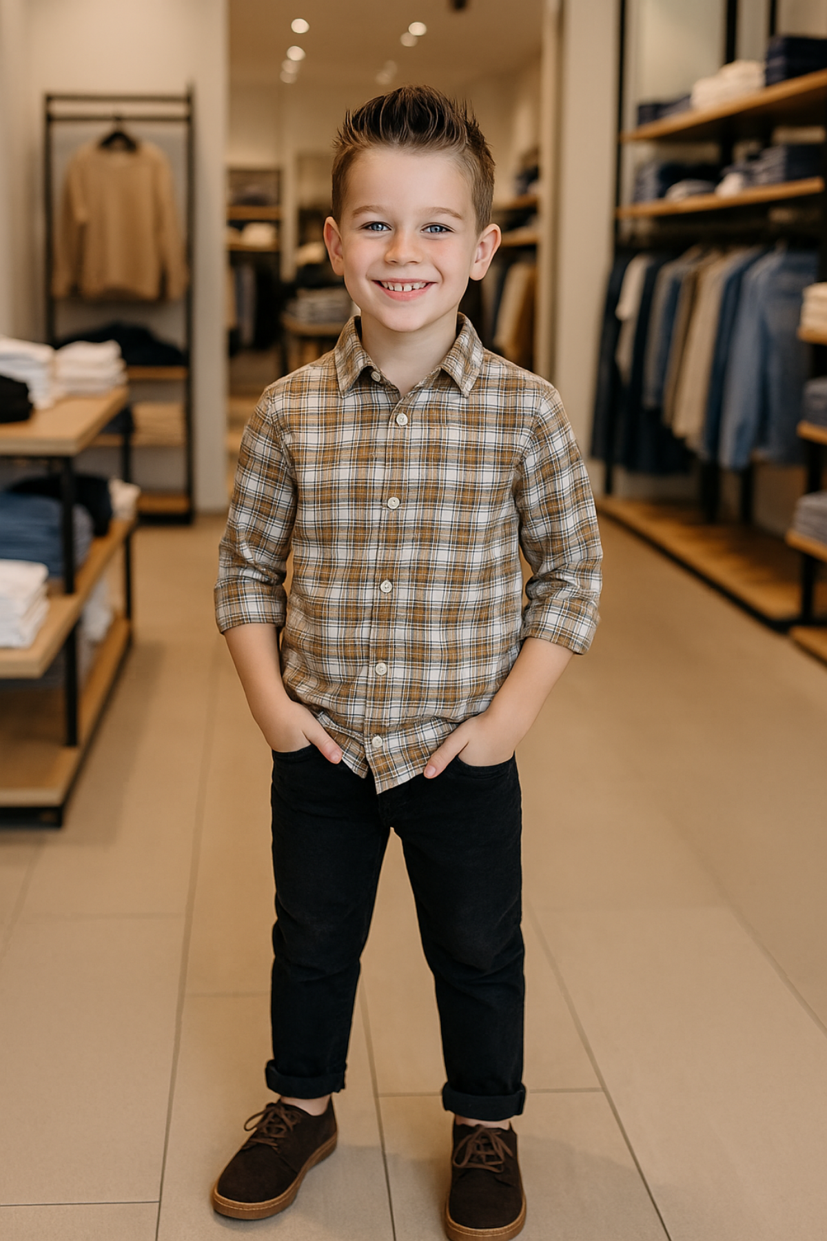 5-14 Yaş Kareli Gömlek Kot Pantolon Takım Sarı