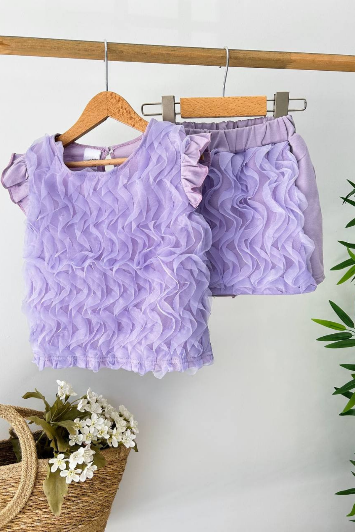 3-10 Yaş Kabartma Tül Detay Şort Etekli Kız Çocuk Takım Lila