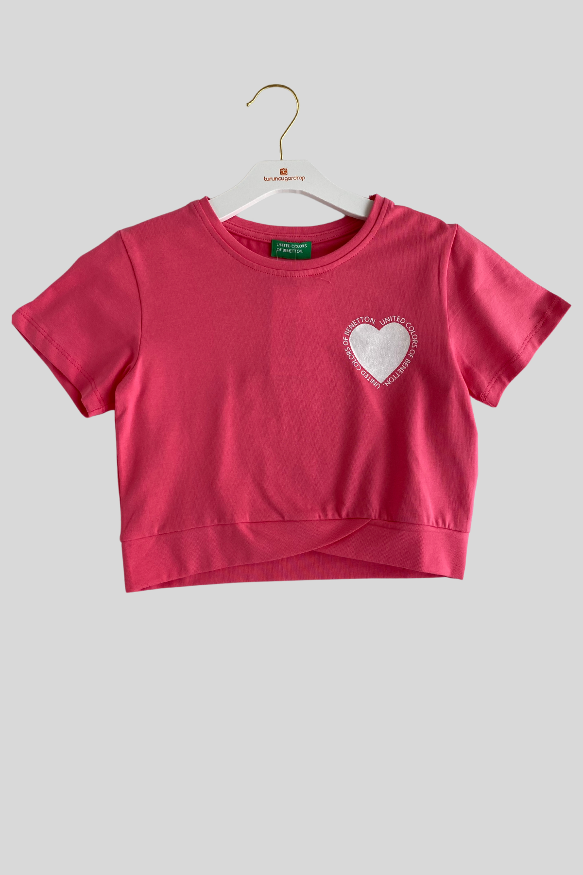 4-14 Yaş Benetton Kalp Baskı Kız Çocuk T-shirt Fuşya