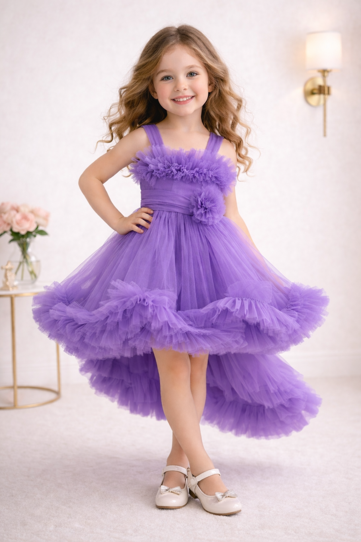 9 Ay - 5 Yaş Lolita Kuyruklu Askılı Kız Çocuk Abiye Elbise Lila