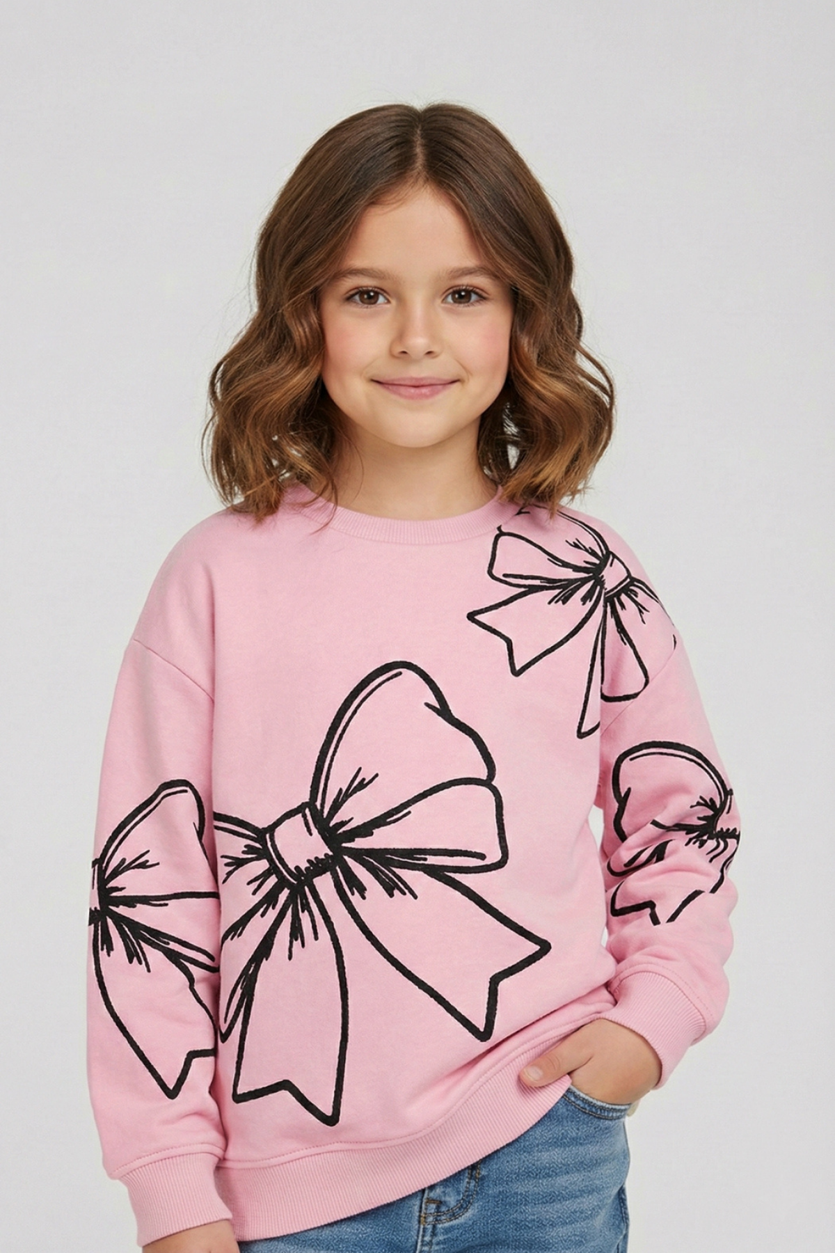 4-9 Yaş Büyük Fiyonklu Baskılı Kız Çocuk Sweat Pembe