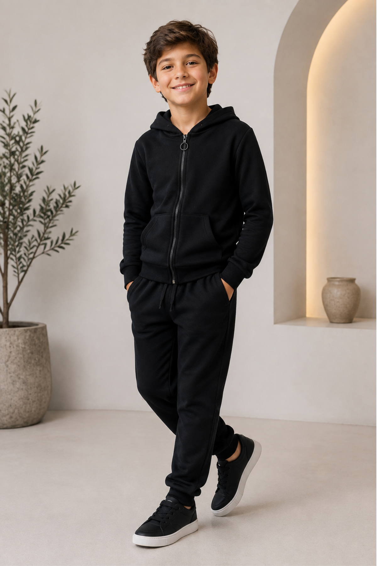 6-14 Yaş Fermuarlı Kapüşonlu Basic Unisex Çocuk Takım Siyah