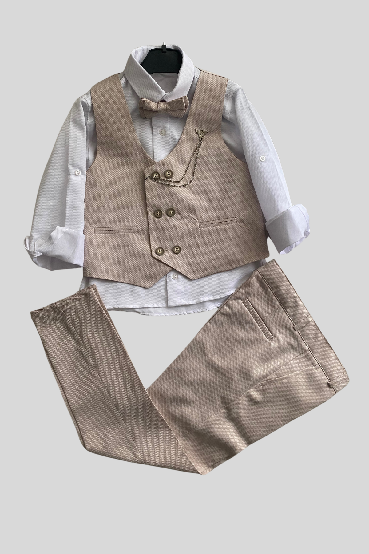 Zincir Detay Çift Düğmeli Erkek Çocuk Takım Elbise Bej