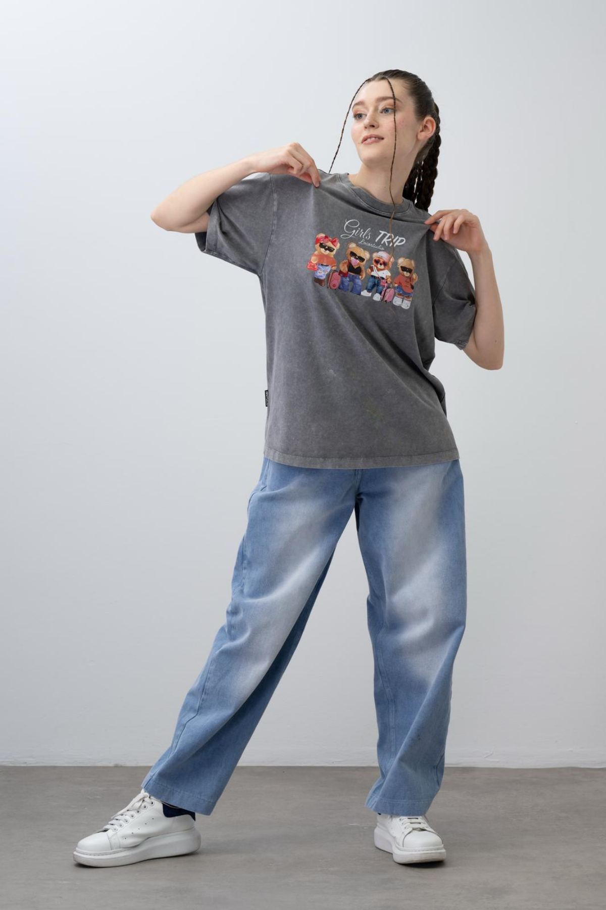 9-14 Yaş Ayıcık Baskılı Kısa Kol Tek Tişört Gri