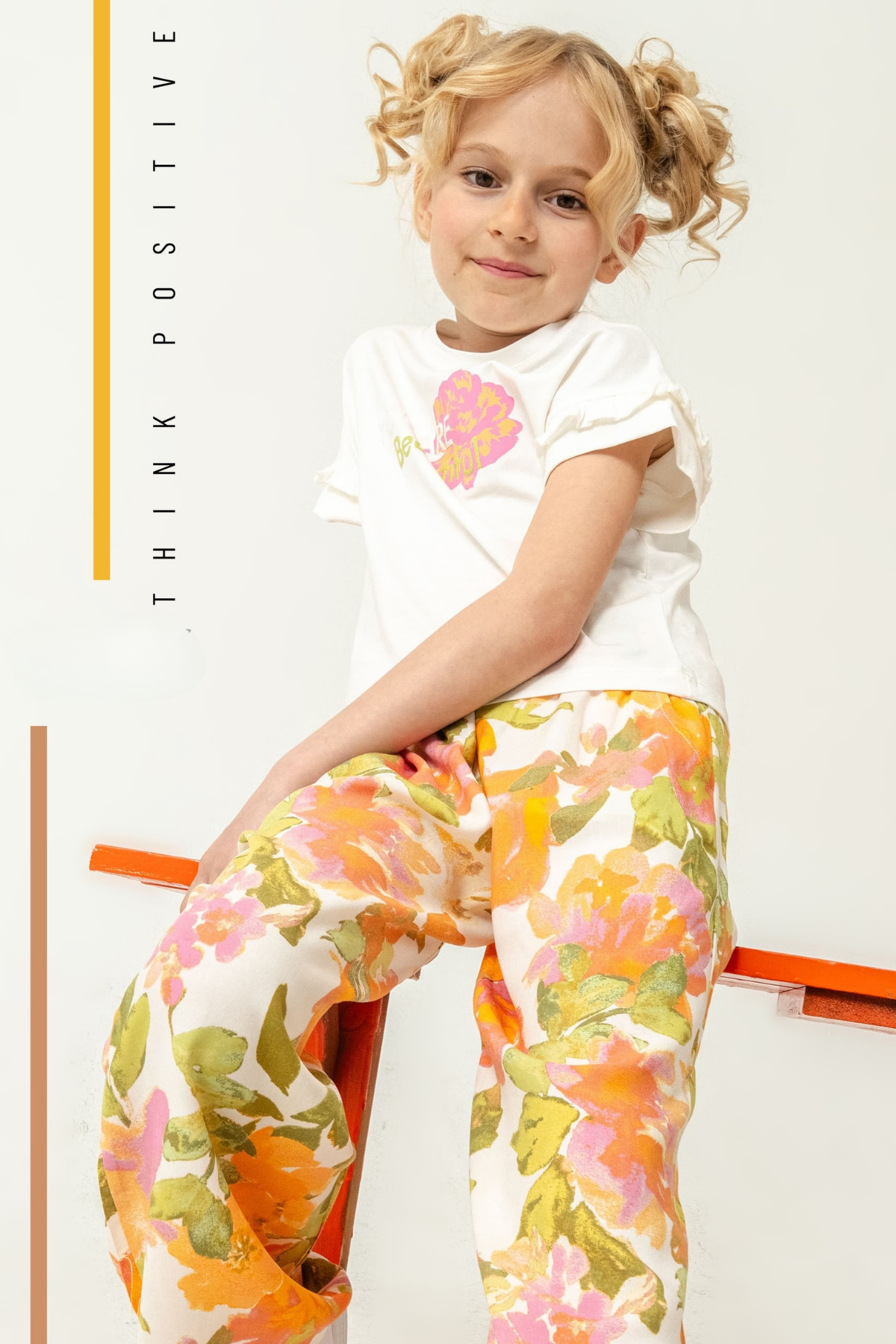 4-8 Yaş Çiçekli Pantolon Tişört Kız Çocuk Takım Turuncu