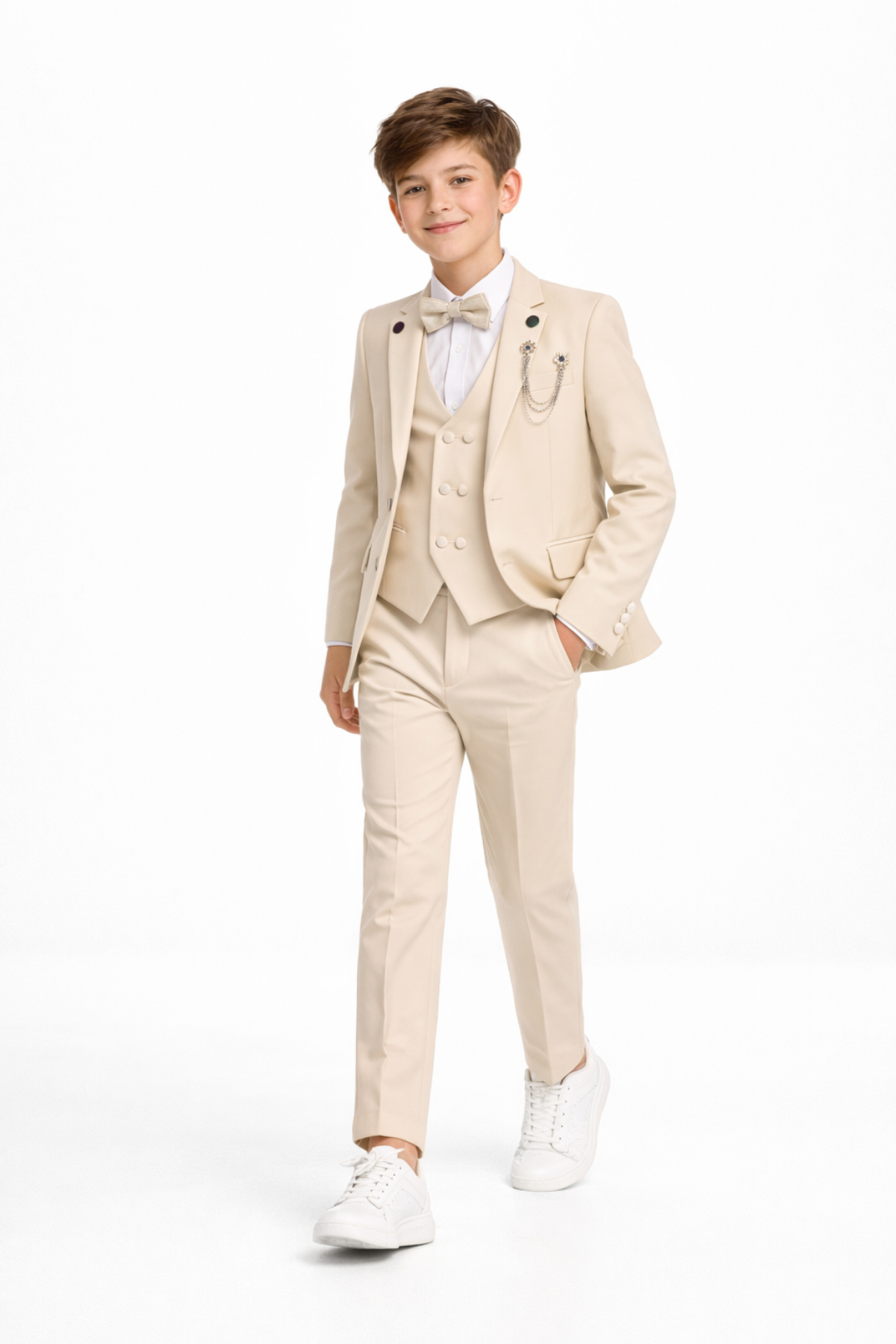 3-14 Yaş Premium Double Yaka Zincirli Erkek Çocuk Damatlık Bej