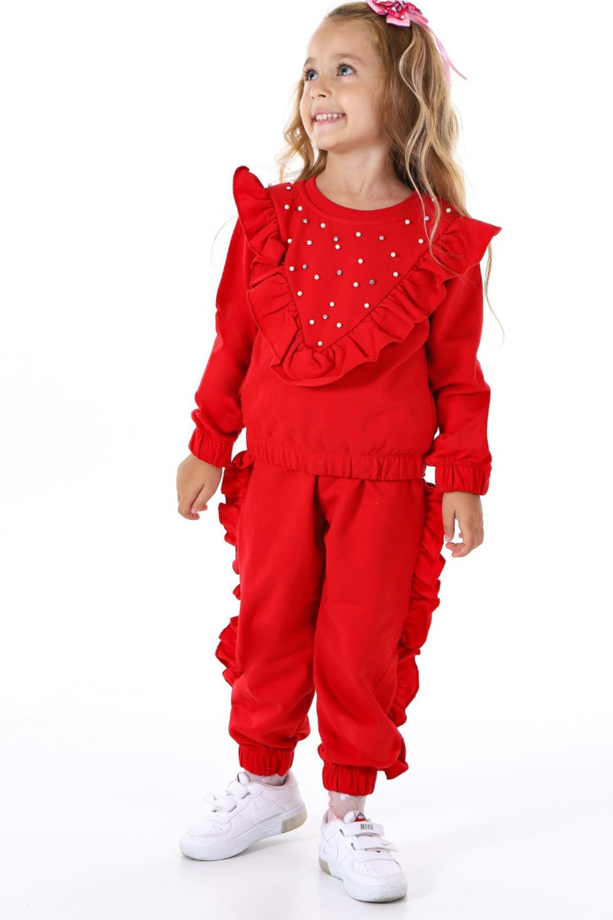 İncili Volanlı Uzun Kol Kız Çocuk Takım Kırmızı
