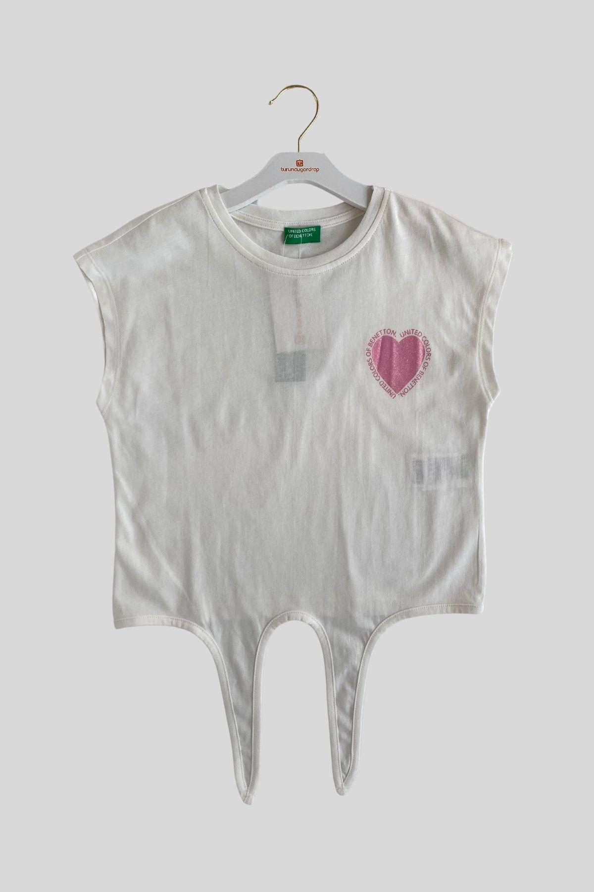 4-14 Yaş Benetton Simli Kalp Baskılı Kız Çocuk Tişört