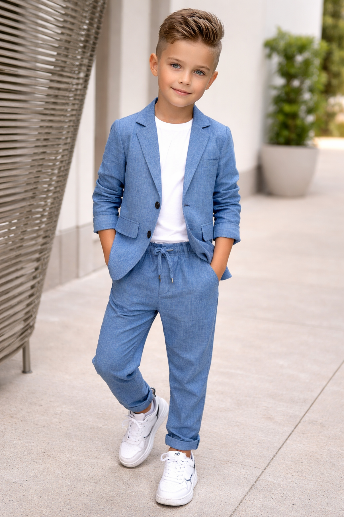 2-13 Yaş Premium Tişörtlü Başak Doku Keten Çocuk Takım Elbise İndigo