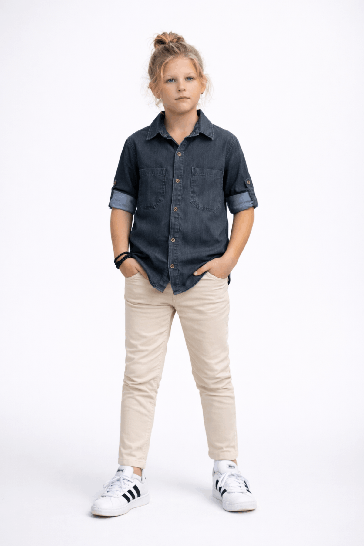 3-12 Yaş Tensel Gömlekli Gabardin Pantolonlu Çocuk Takım Füme