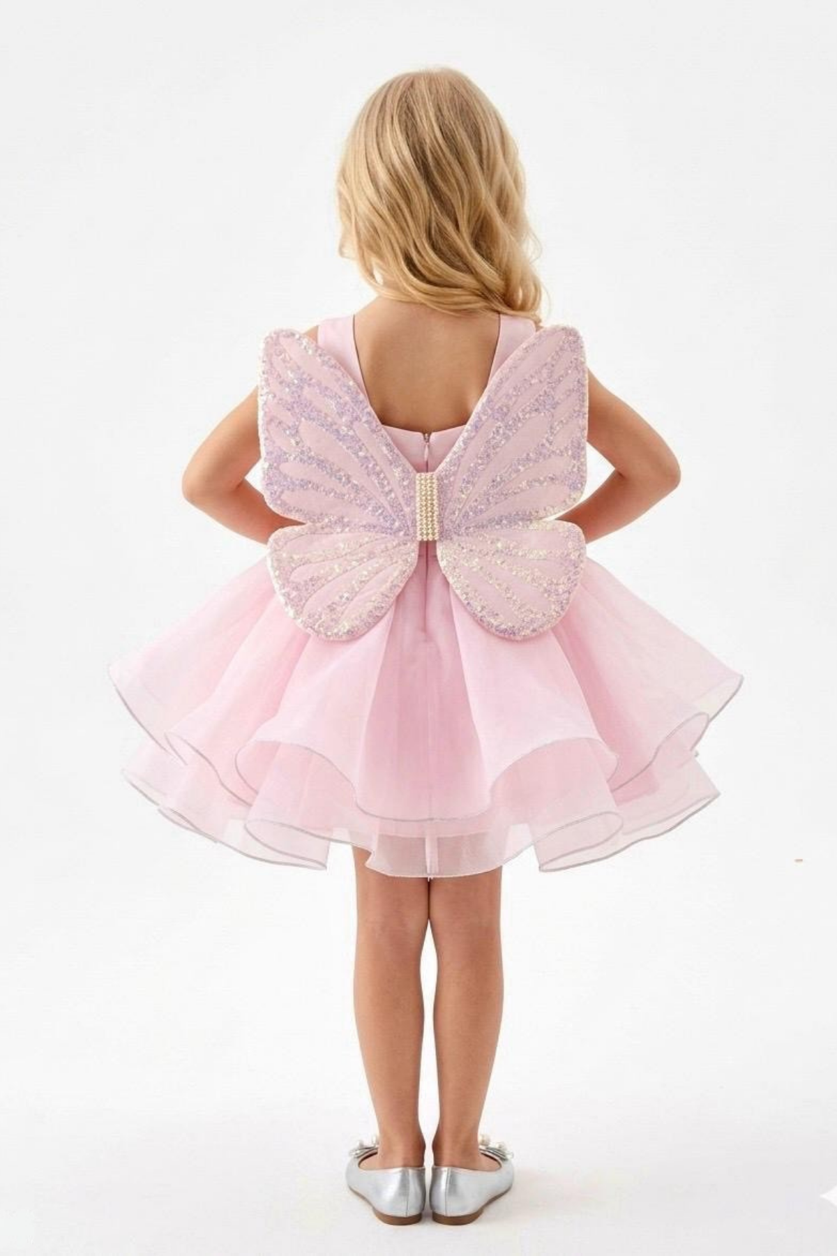 2-6 Yaş Butterfly Kanatlı Kız Çocuk Abiye Elbise Pembe