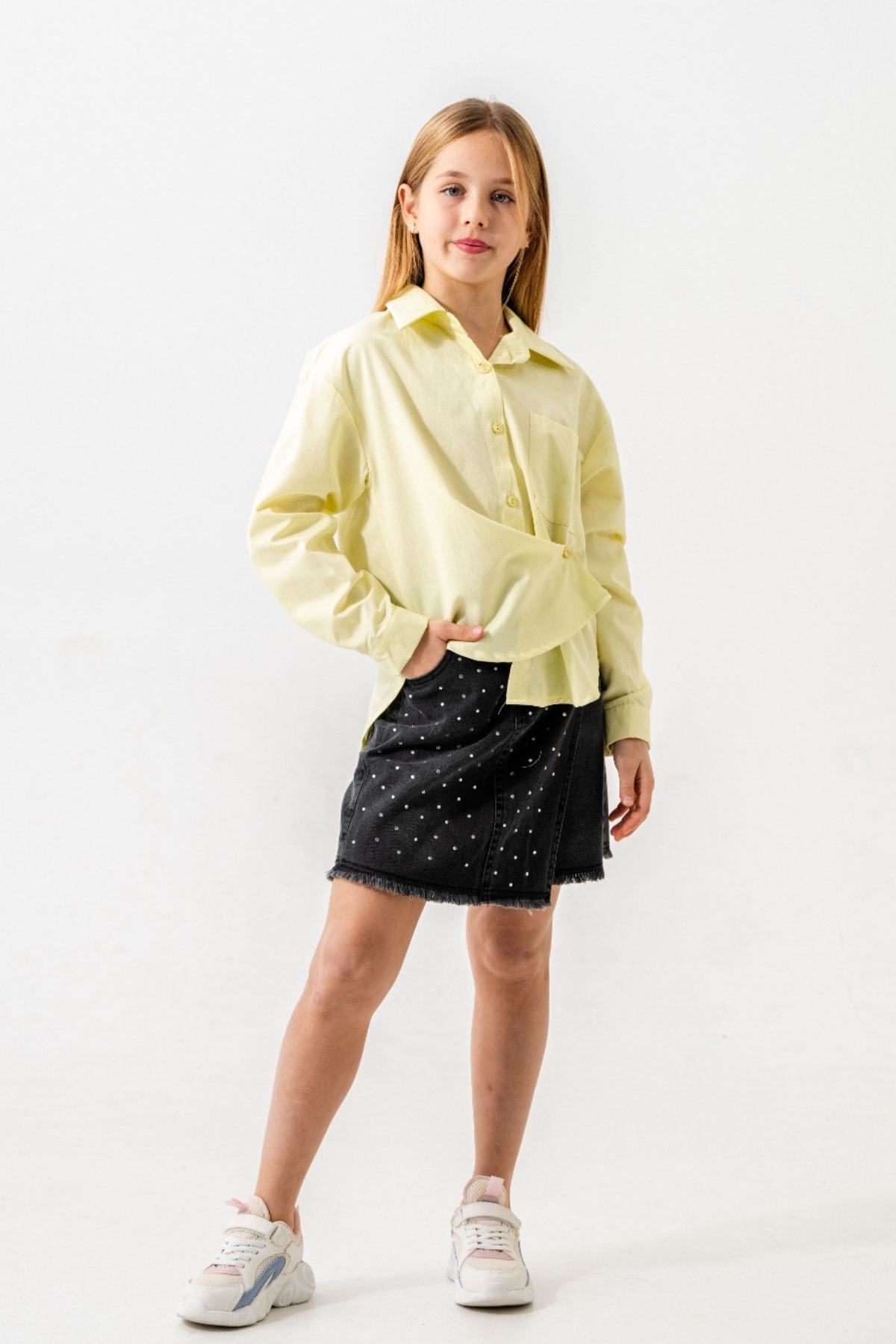 10-15 Yaş Tasarım Uzun Kol Kız Çocuk Gömlek Sarı