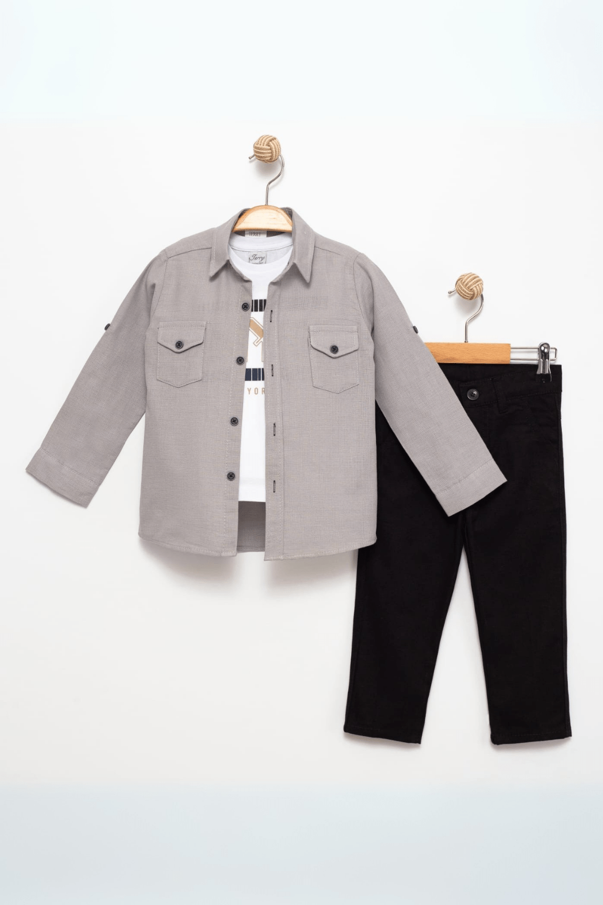 3-12 Yaş Keten Gömlek Gabardin Pantolon Baskılı Tişört Gri
