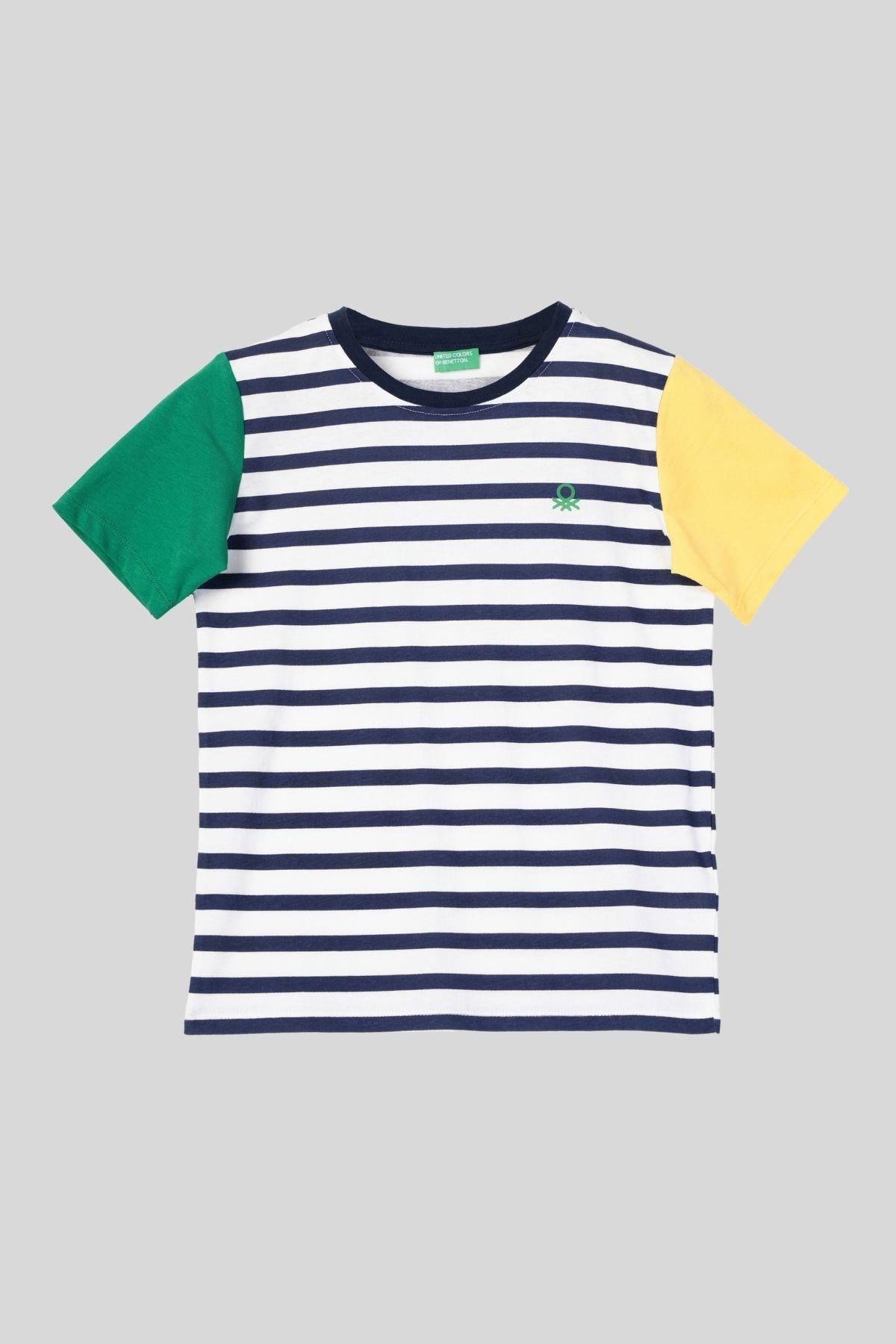 4-14 Yaş Benetton Bisiklet Yaka Çizgili Erkek Çocuk Tshirt Lacivert