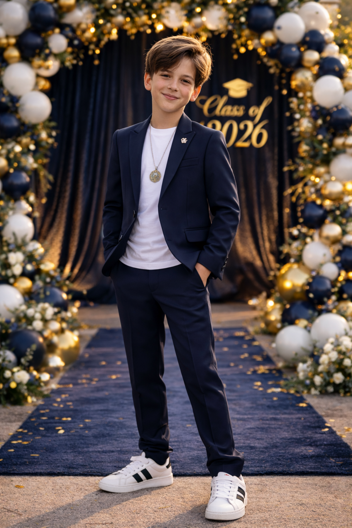 3-14 Yaş Oscar Tişörtlü Kolyeli Erkek Çocuk Takım Elbise Mezuniyet Lacivert