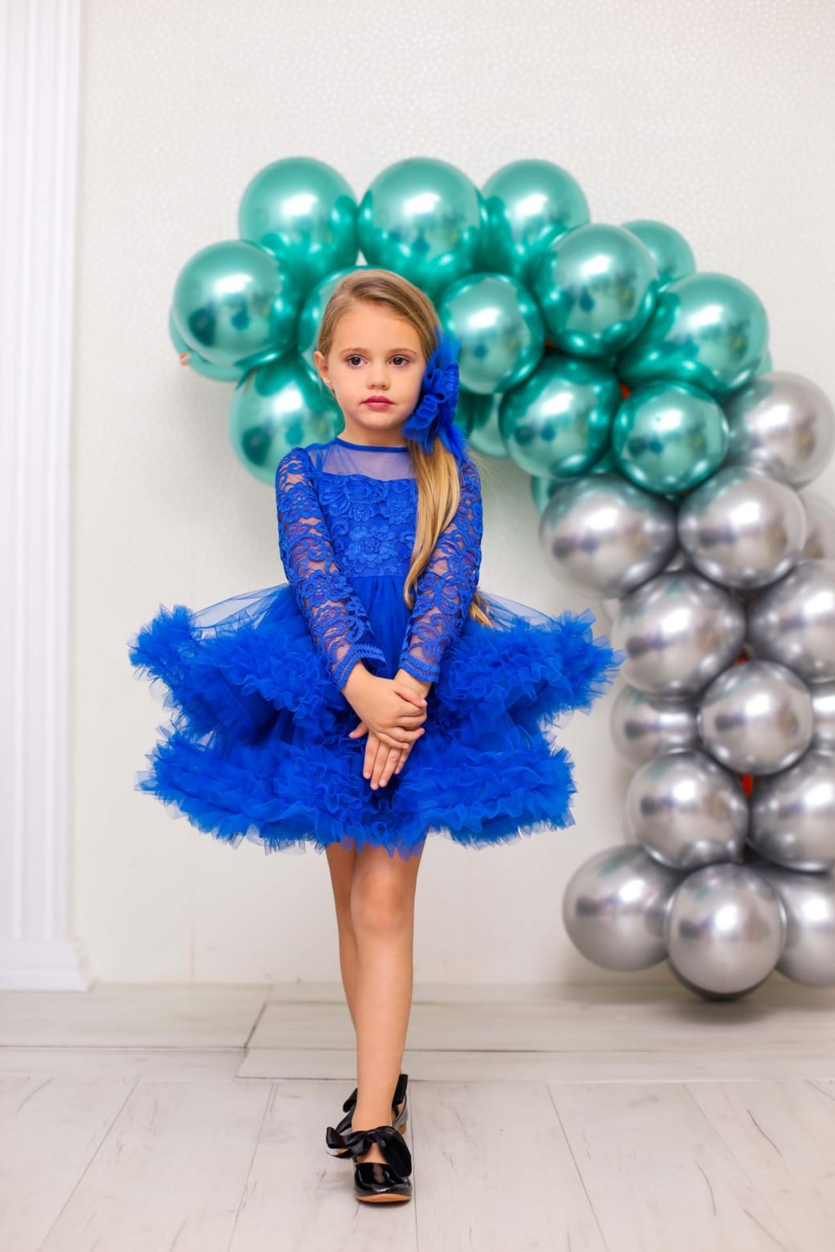 Güpür Uzun Kol Kız Çocuk Abiye Elbise Sax Mavi