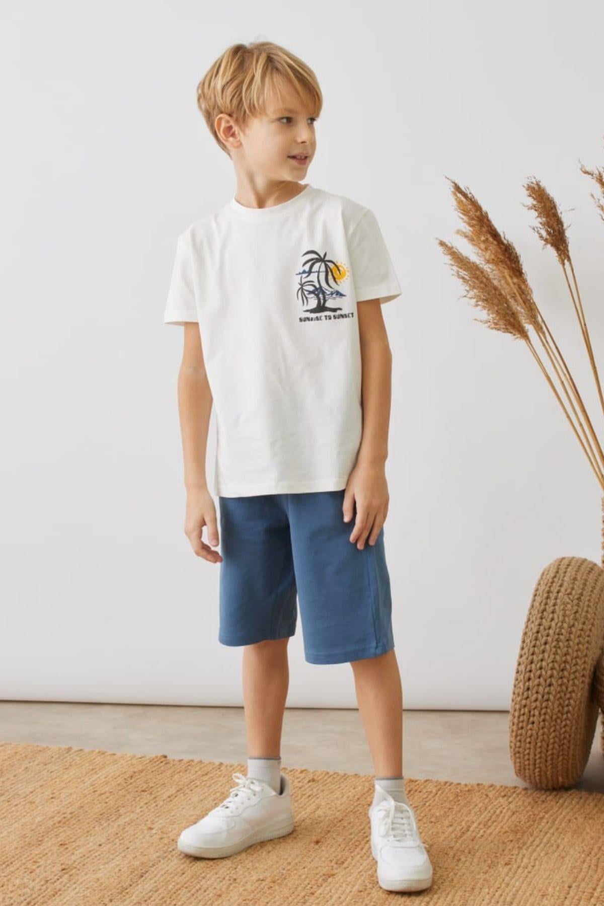 4-8 Yaş Sunset Yazı Baskı Tişört Şort Erkek Çocuk Takım İndigo Mavi