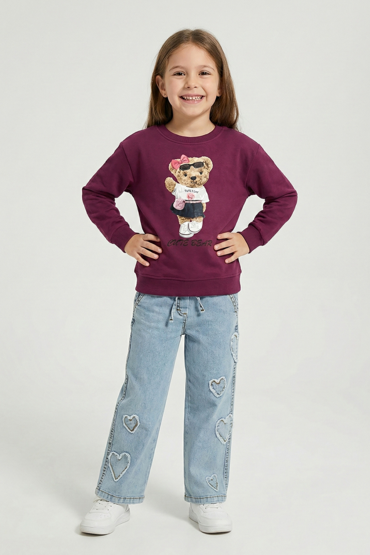 4-9 Yaş Cute Bear Kız Çocuk Sweat Bordo