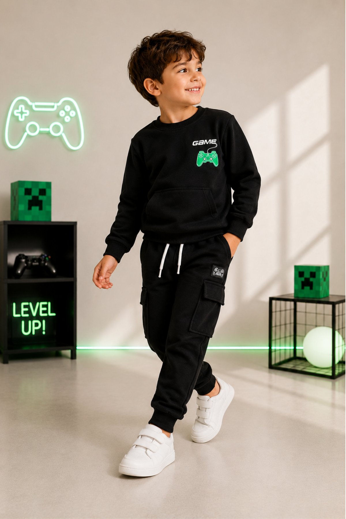 7-10 Yaş Kargo Pantolonlu Game Erkek Çocuk Eşofman Takımı Siyah