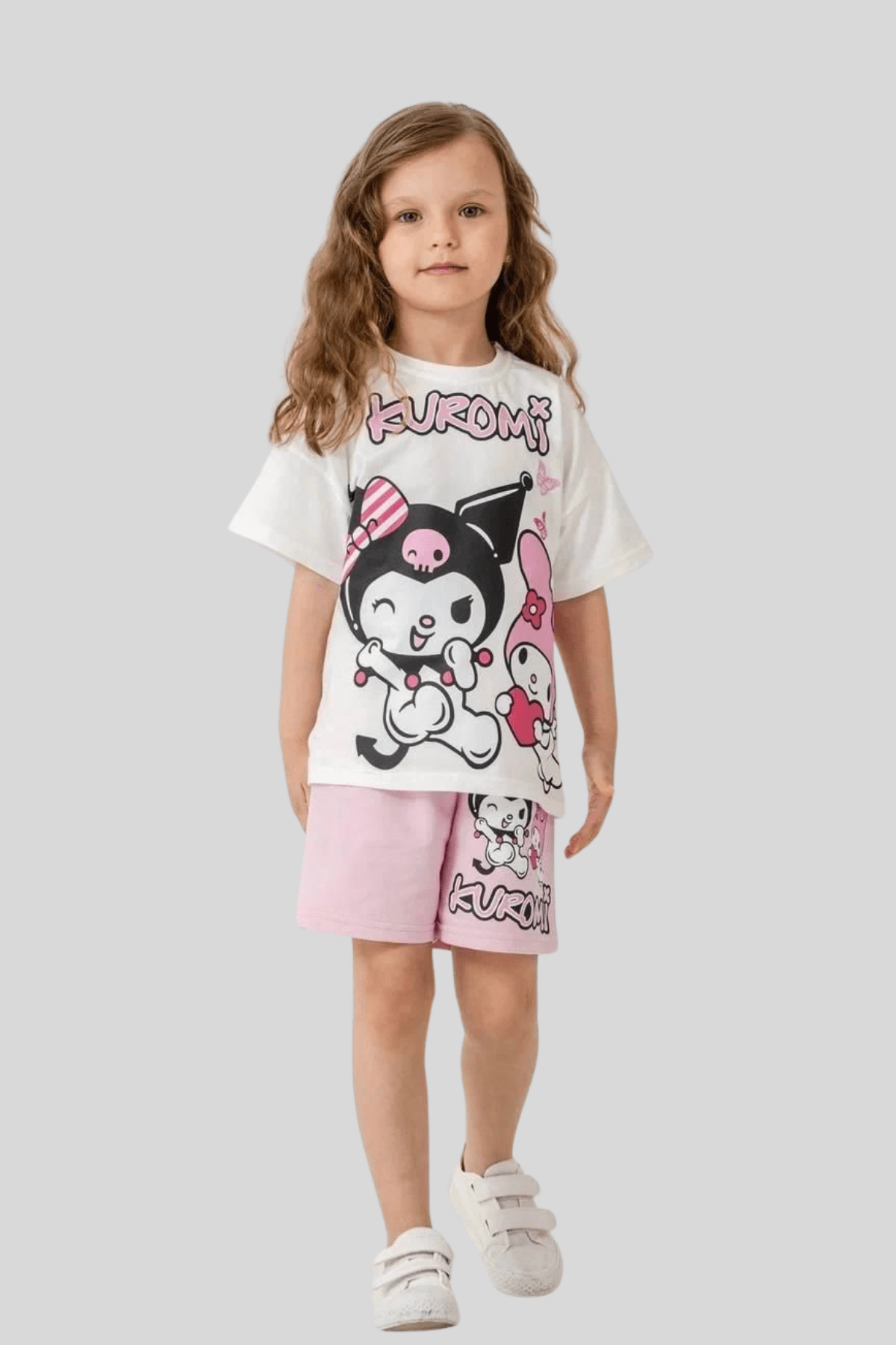3-10 Yaş Baskılı Kuromi Şortlu Kız Çocuk Takım Pembe