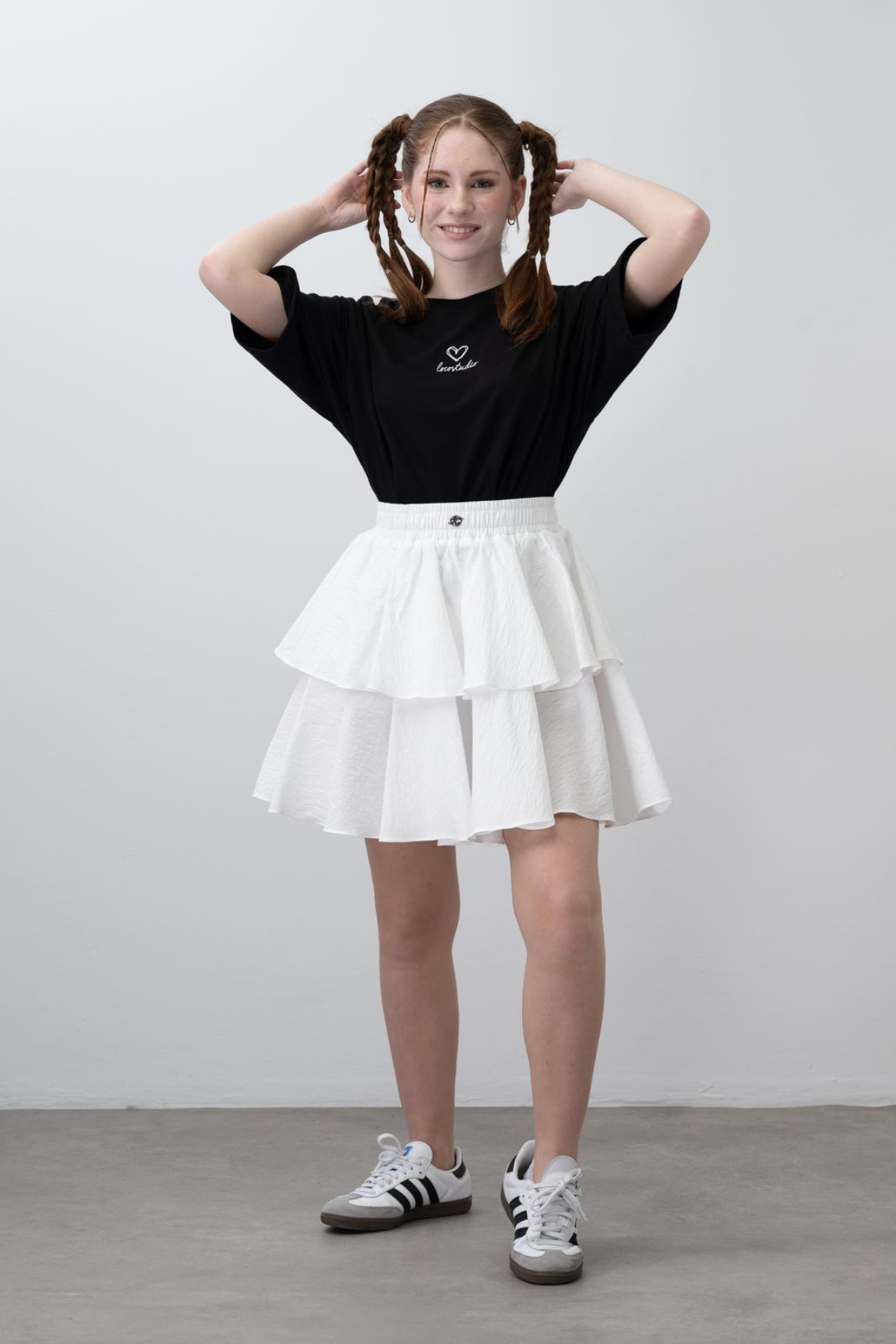 9-15 Yaş Bel Lastik Detay Kat Kat Etek Tişört Kız Takım Siyah