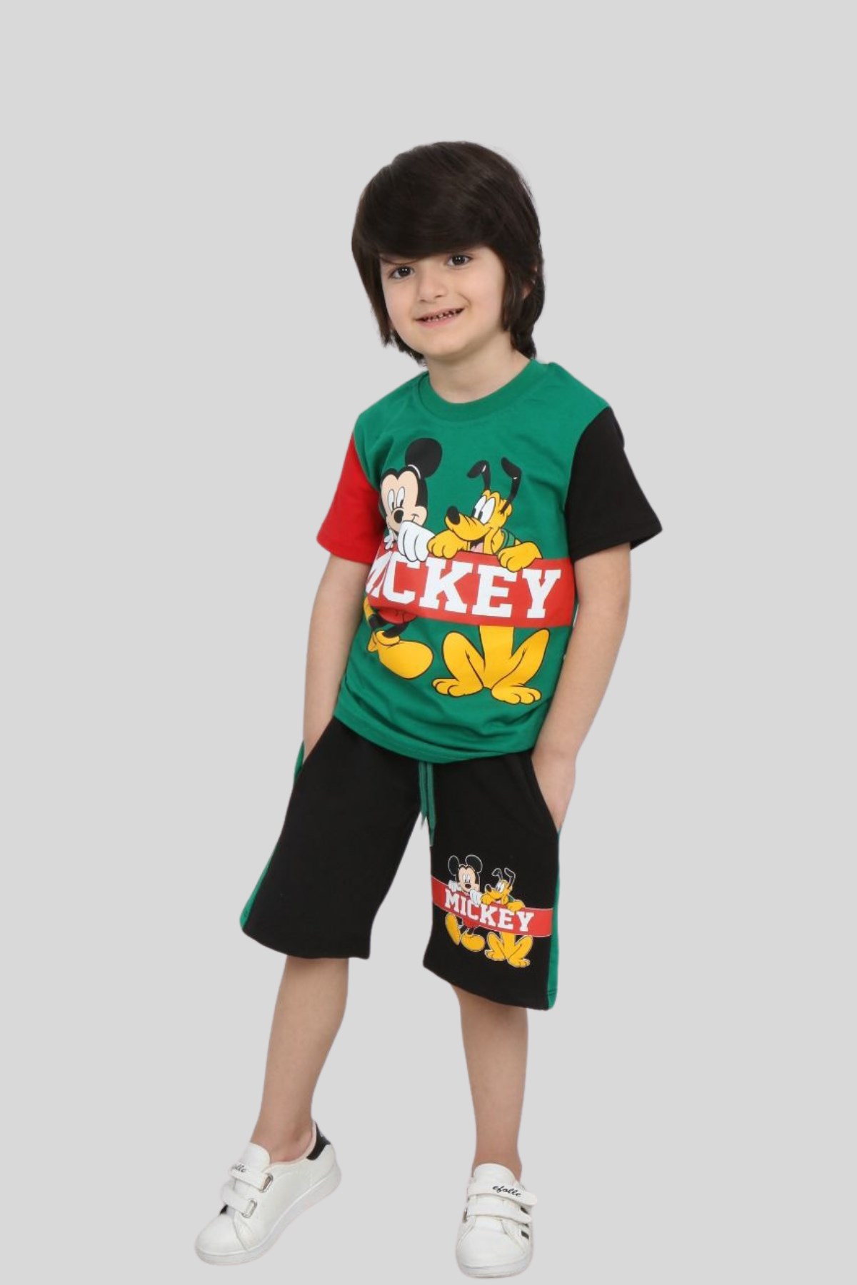 Parça Detay Karakter Şortlu Erkek Çocuk Takım Yeşil