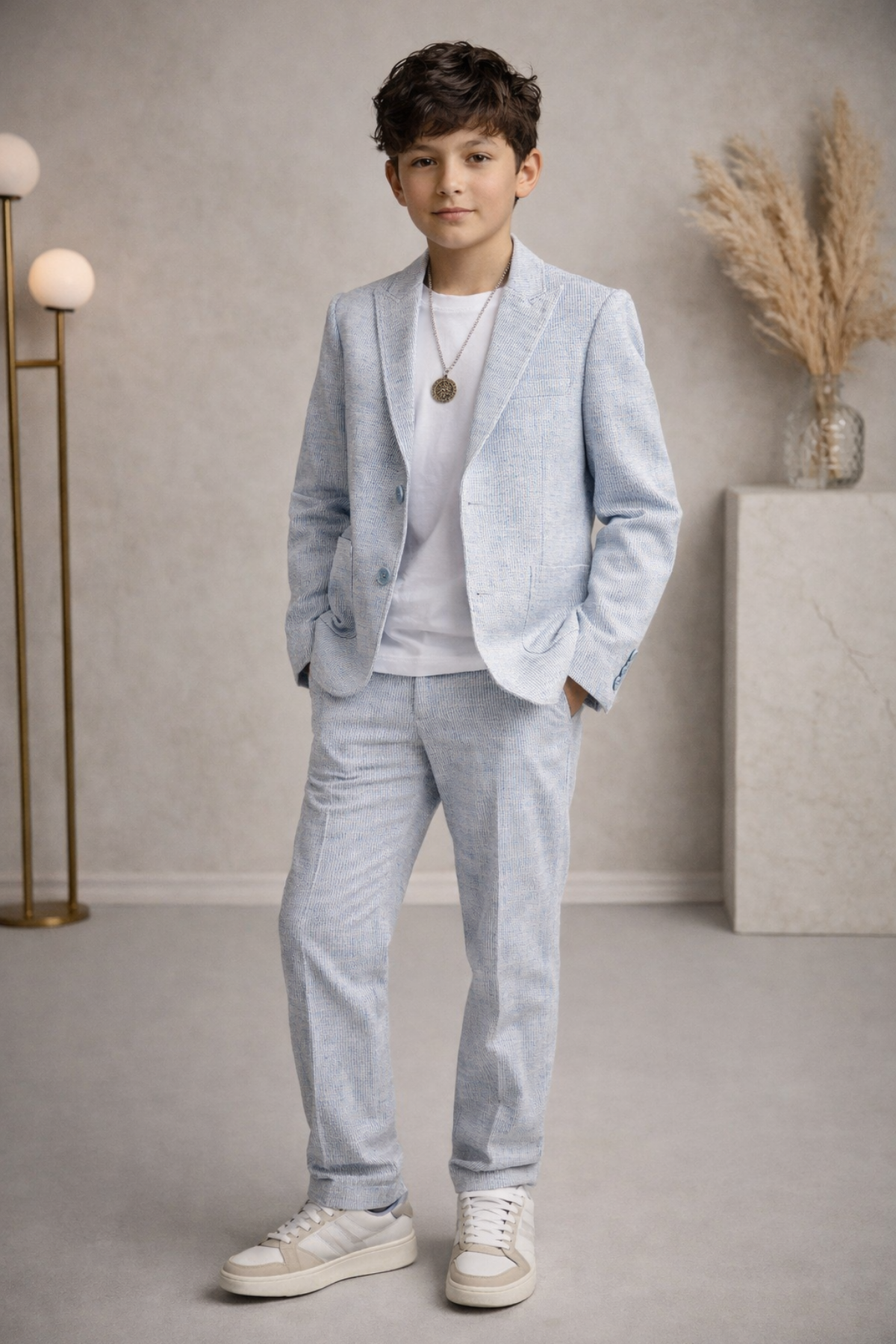 3-14 Yaş Vega Premium Çizgili Kolyeli Keten Çocuk Takım Elbise Bebe Mavi