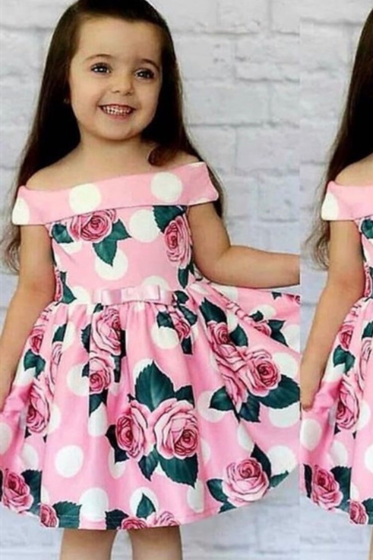 Gül Desenli Madonna Yaka Kız Çocuk Elbise