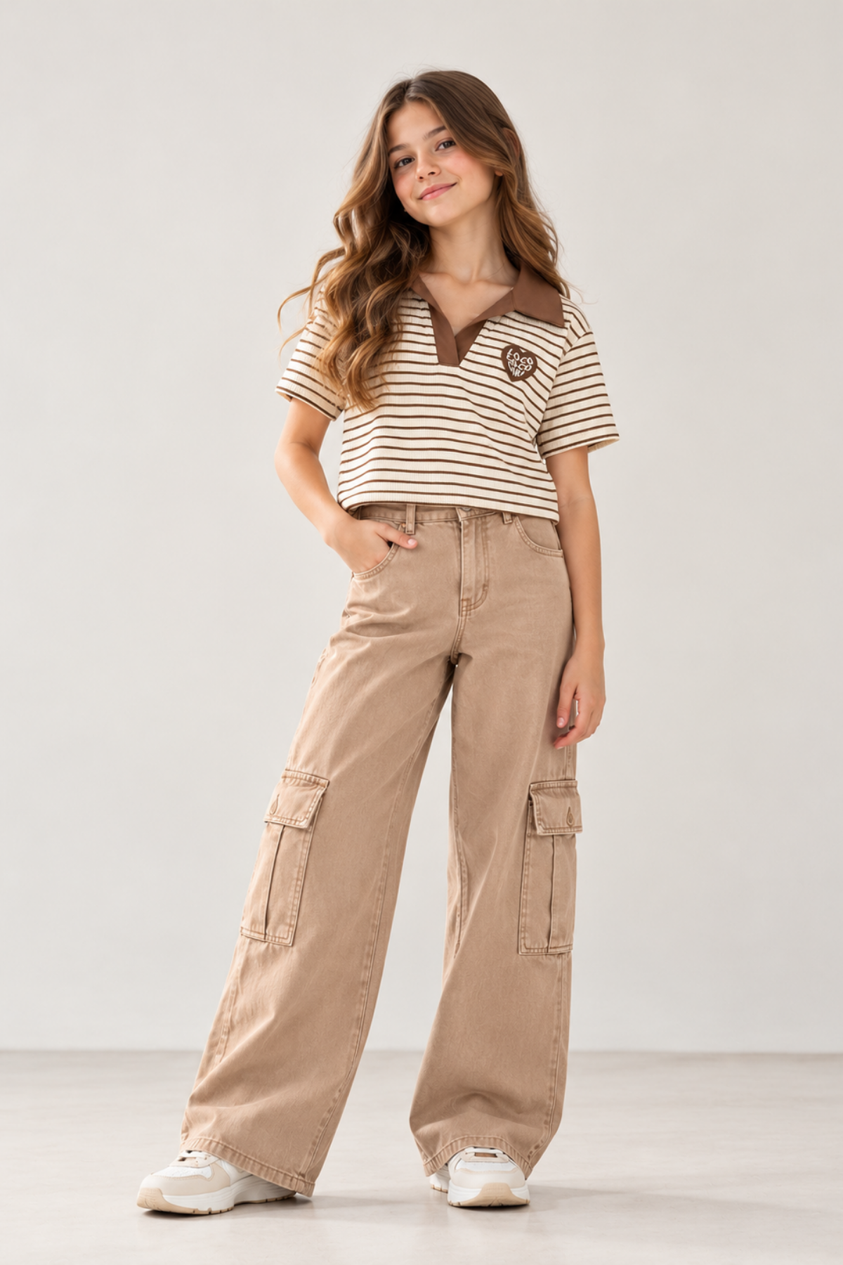 8-14 Yaş Polo Yaka Çizgili Crop Cappuccino