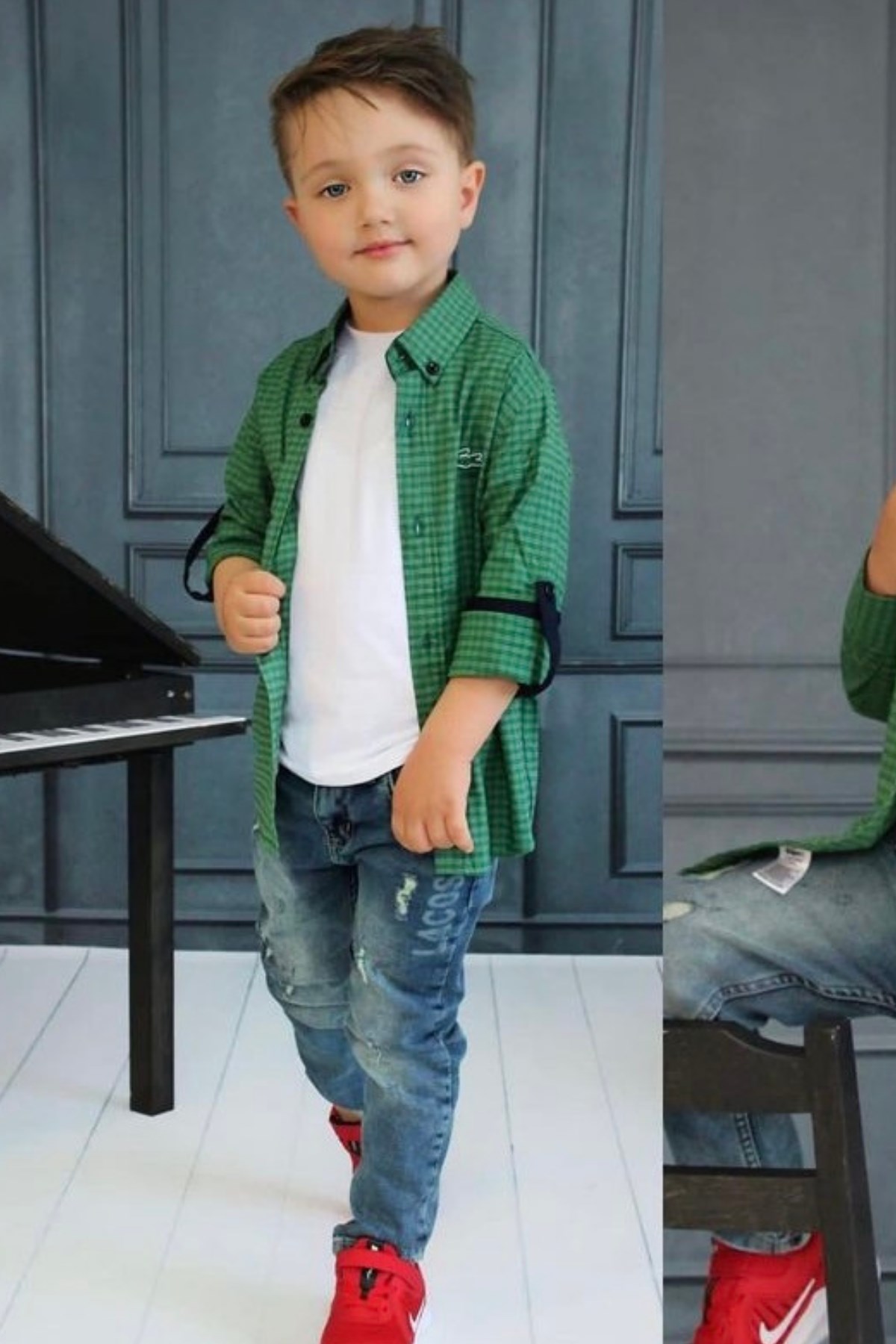 Ekose Gömlekli Kot Pantolonlu 3lü Erkek Çocuk Takım Yeşil